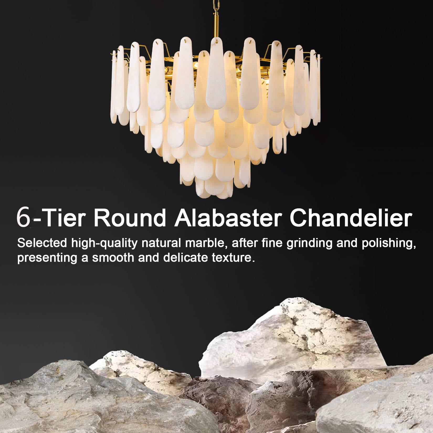 Alabaster Chandelier for Dining Room, 6 - Tier Modern Round Chandeliers, D31.5in Adjustable Marble Pendant Light Fixture, White Marble Oval Ceiling Light for Dining Table Kitchen Island Living Room - Camilalamps - B0DYNQLWKM