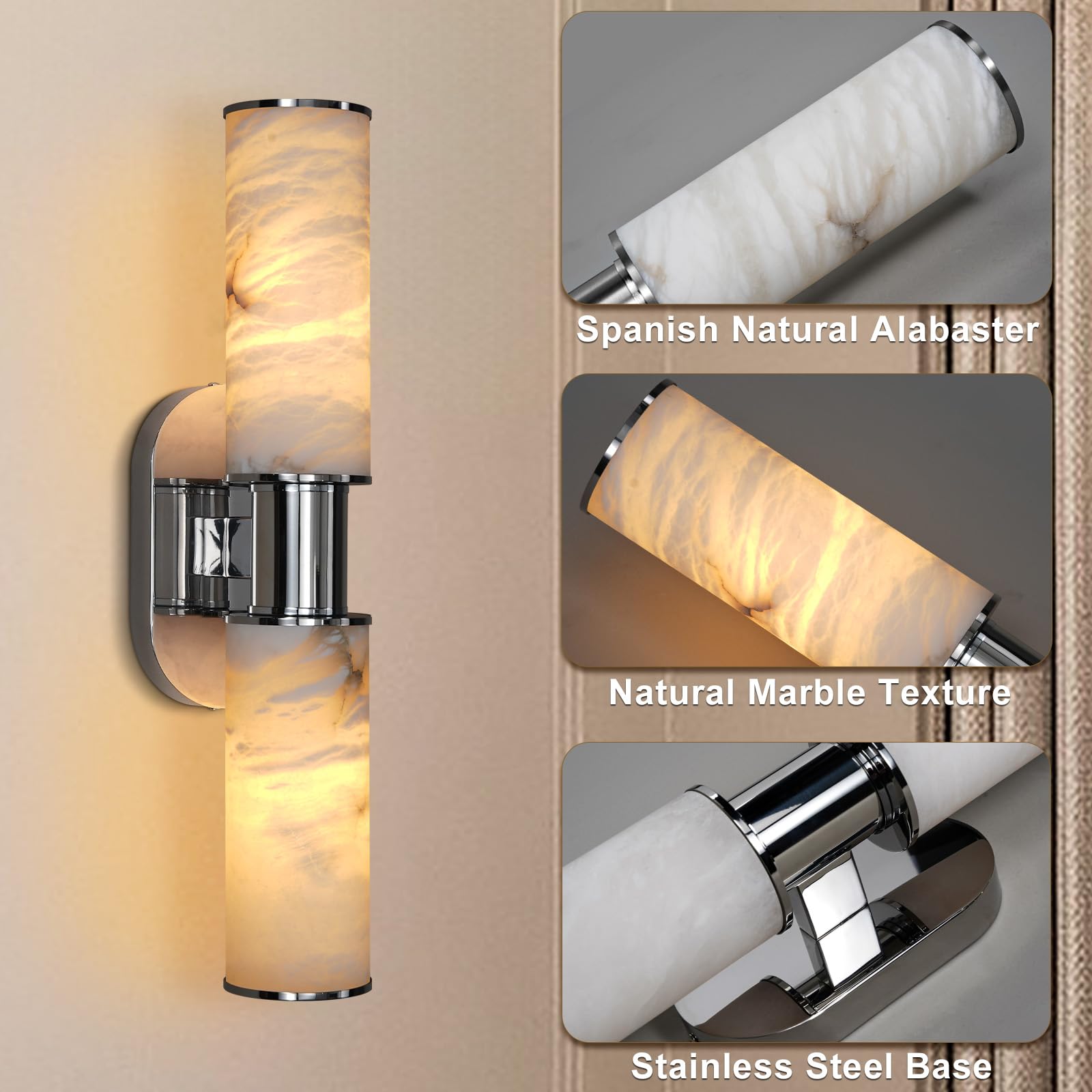 Alabaster Wall Sconce, 22" Brass Bathroom Wall Sconce, Modern Wall Lights Spanish Natural Marble Sconces Lamps for Bedroom, Living Room, Hallway, Stairs, Vanity, Indoor(Gold) - Camilalamps - B0FJDMNXXS