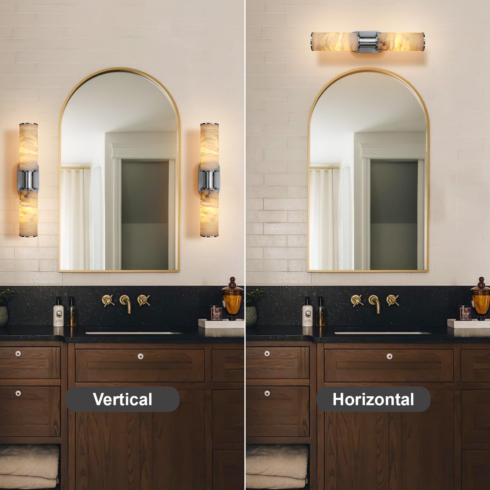 Alabaster Wall Sconce, 22" Brass Bathroom Wall Sconce, Modern Wall Lights Spanish Natural Marble Sconces Lamps for Bedroom, Living Room, Hallway, Stairs, Vanity, Indoor(Gold) - Camilalamps - B0FJDMNXXS