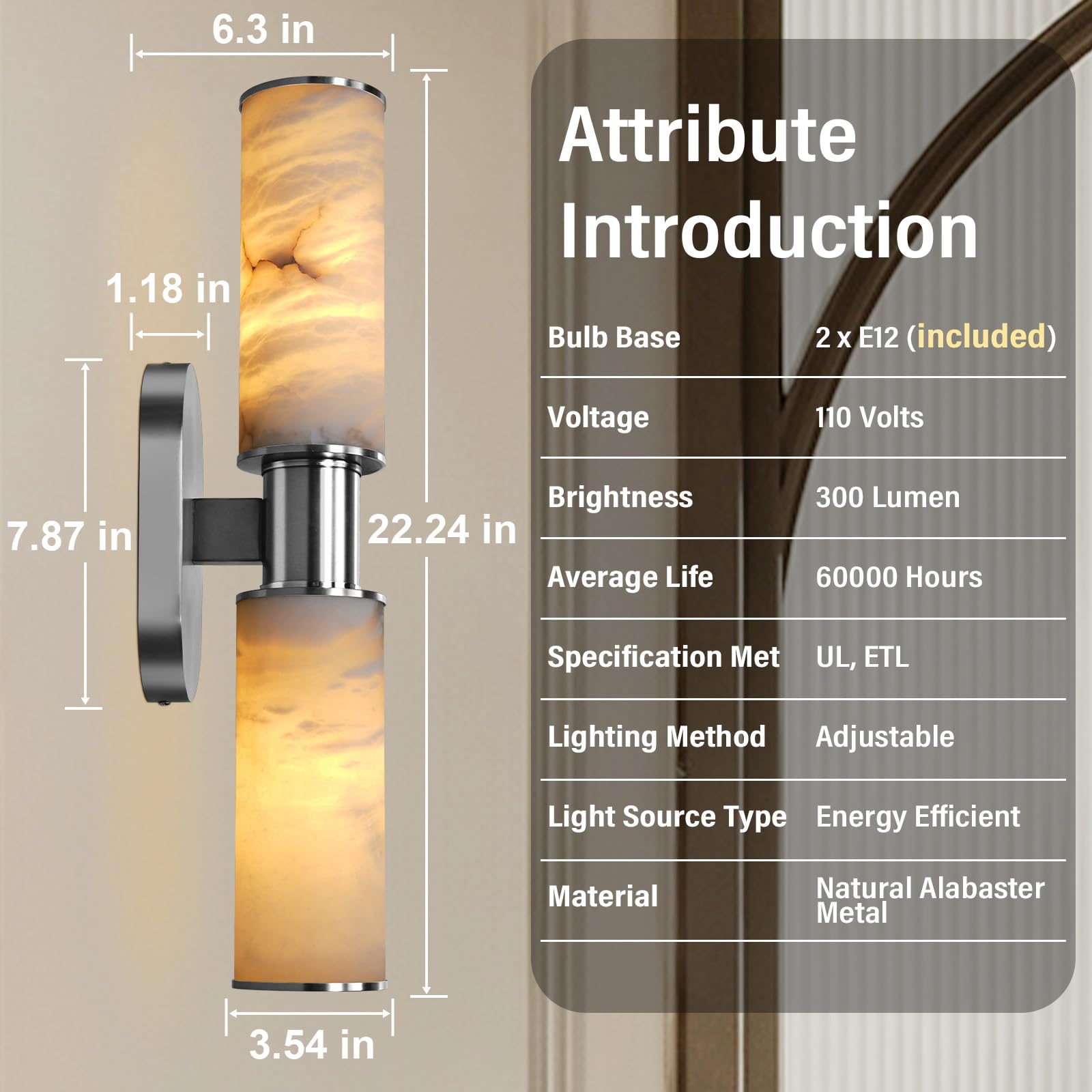 Alabaster Wall Sconce, 22" Brass Bathroom Wall Sconce, Modern Wall Lights Spanish Natural Marble Sconces Lamps for Bedroom, Living Room, Hallway, Stairs, Vanity, Indoor(Gold) - Camilalamps - B0FJDMNXXS