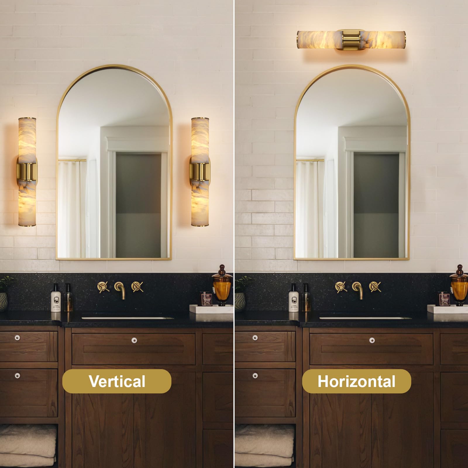 Alabaster Wall Sconce, 22" Brass Bathroom Wall Sconce, Modern Wall Lights Spanish Natural Marble Sconces Lamps for Bedroom, Living Room, Hallway, Stairs, Vanity, Indoor(Gold) - Camilalamps - B0FJDMNXXS