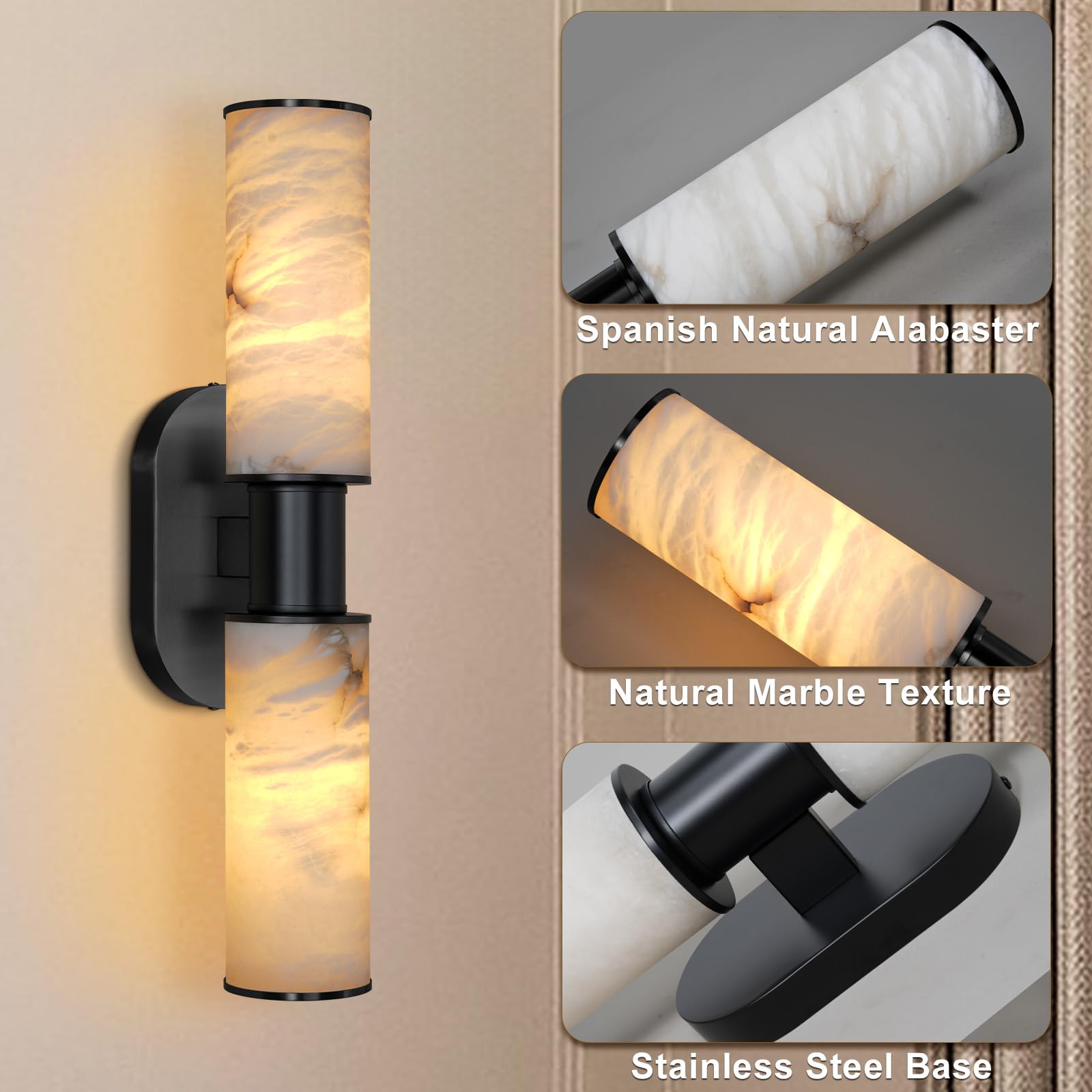 Alabaster Wall Sconce, 22" Brass Bathroom Wall Sconce, Modern Wall Lights Spanish Natural Marble Sconces Lamps for Bedroom, Living Room, Hallway, Stairs, Vanity, Indoor(Gold) - Camilalamps - B0FJDMNXXS