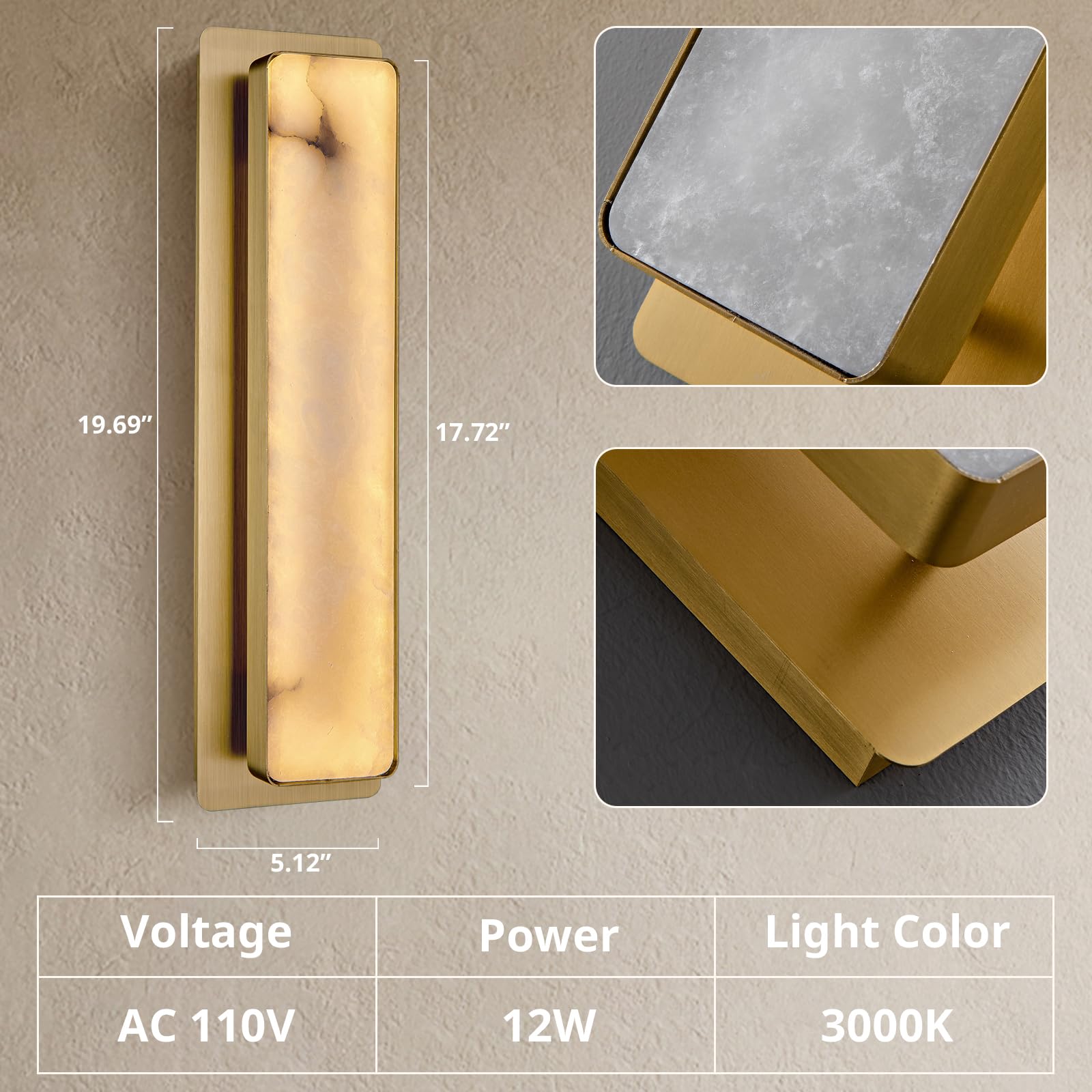 Alabaster Wall Sconces Set of Two, 19.7" Black Bathroom Sconces, Wall Lighting Vanity Light Fixtures, Wall Lamp Indoor Natural Marble for Living Room, Dining Room, Bedroom, Stairs, Foyer - Camilalamps - B0DMLPS3F6