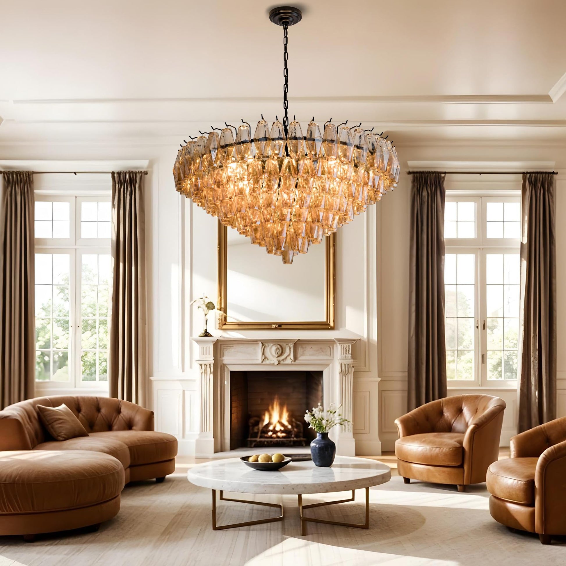 Amber Ceiling Light, 17" Modern Crystal Glass Chandelier for Bedroom, 3 - Light Round Flush Mount Ceiling Ligh for Living Room, Bathroom, Hallway, Entryway – Elegant Warm Lighting Fixture - Camilalamps - B0DQLDBCMH