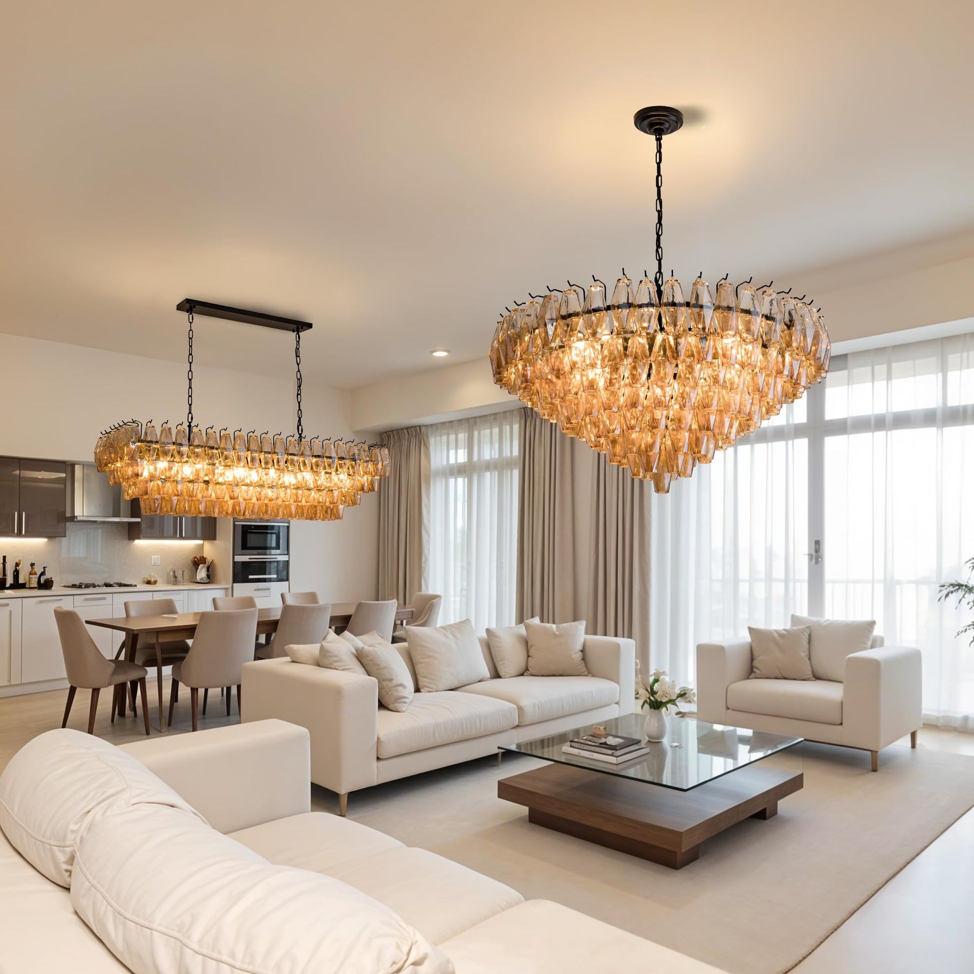 Amber Ceiling Light, 17" Modern Crystal Glass Chandelier for Bedroom, 3 - Light Round Flush Mount Ceiling Ligh for Living Room, Bathroom, Hallway, Entryway – Elegant Warm Lighting Fixture - Camilalamps - B0DQLDBCMH