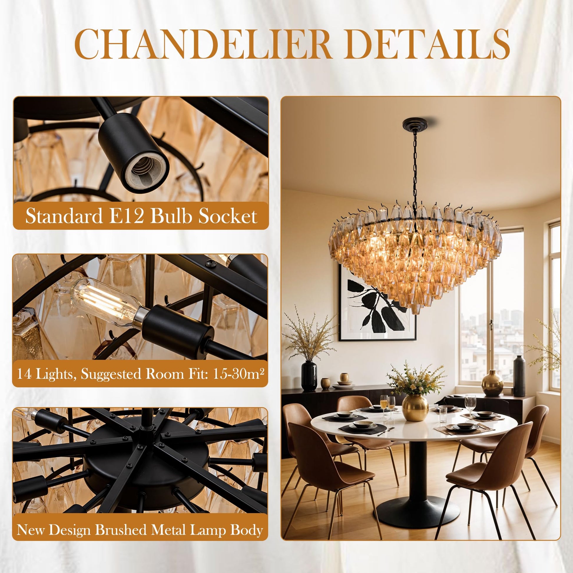 Amber Ceiling Light, 17" Modern Crystal Glass Chandelier for Bedroom, 3 - Light Round Flush Mount Ceiling Ligh for Living Room, Bathroom, Hallway, Entryway – Elegant Warm Lighting Fixture - Camilalamps - B0DQLDBCMH