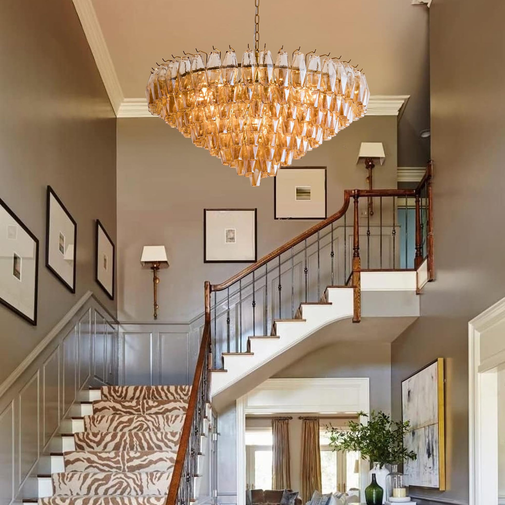 Amber Ceiling Light, 17" Modern Crystal Glass Chandelier for Bedroom, 3 - Light Round Flush Mount Ceiling Ligh for Living Room, Bathroom, Hallway, Entryway – Elegant Warm Lighting Fixture - Camilalamps - B0DQLDBCMH