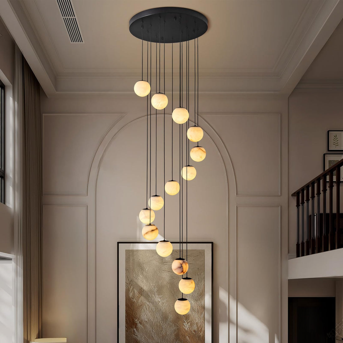Black Alabaster Chandelier,14 - Lights Staircase Chandelier for Entryway, Modern Marble Hanging Light Fixture, Hight Ceiling, Foyer, Living Room, Staircase, Entry - Camilalamps - B0FJ4ZJF8H