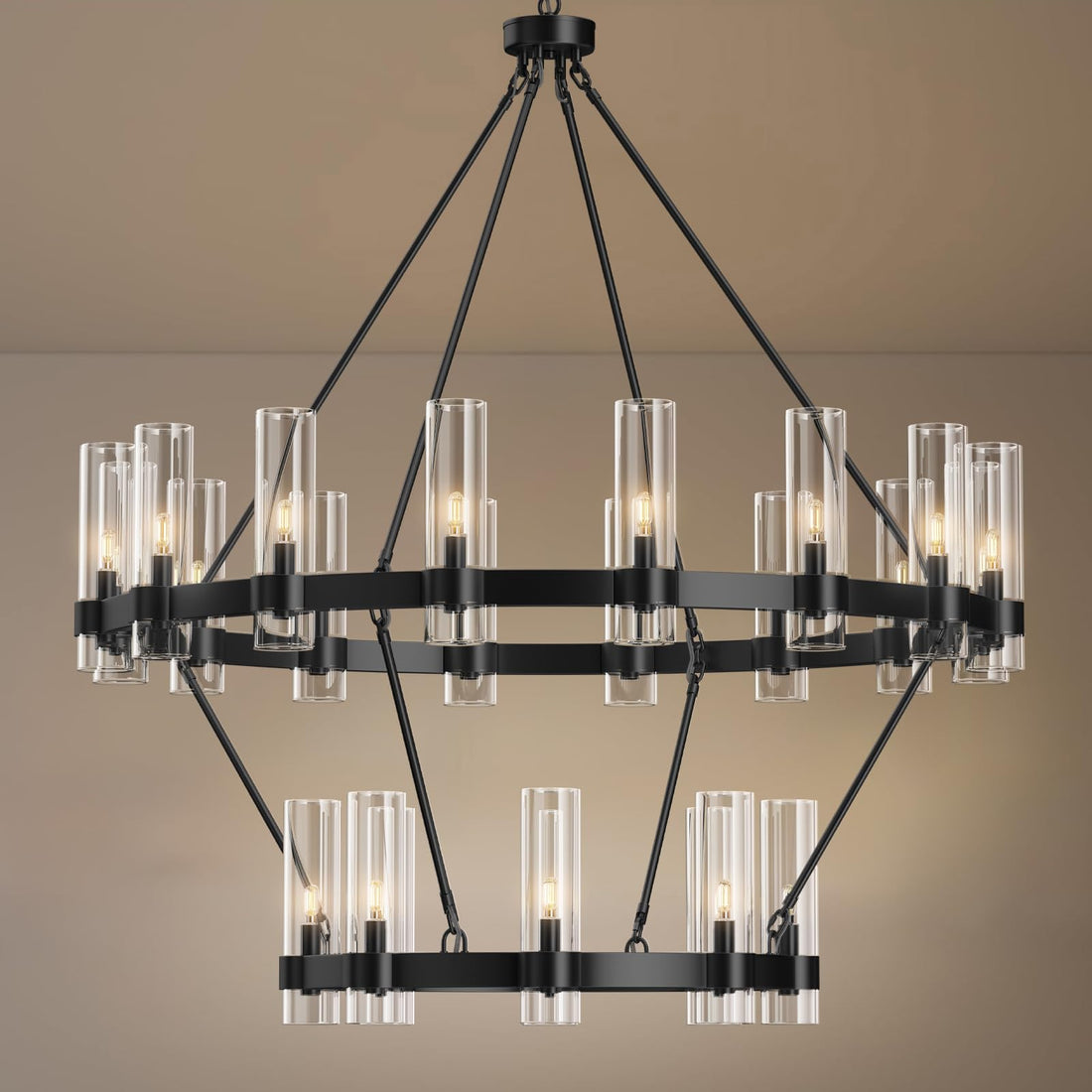 Black Chandelier, 24 - Lights Wagon Wheel Chandelier with Glass Shade,48 Inch Large Round Industrial High Ceilings Pendant Lighting Fixture for Dining Living Room, Kitchen Island, Foyer - Camilalamps - B0DNQ3XTCX