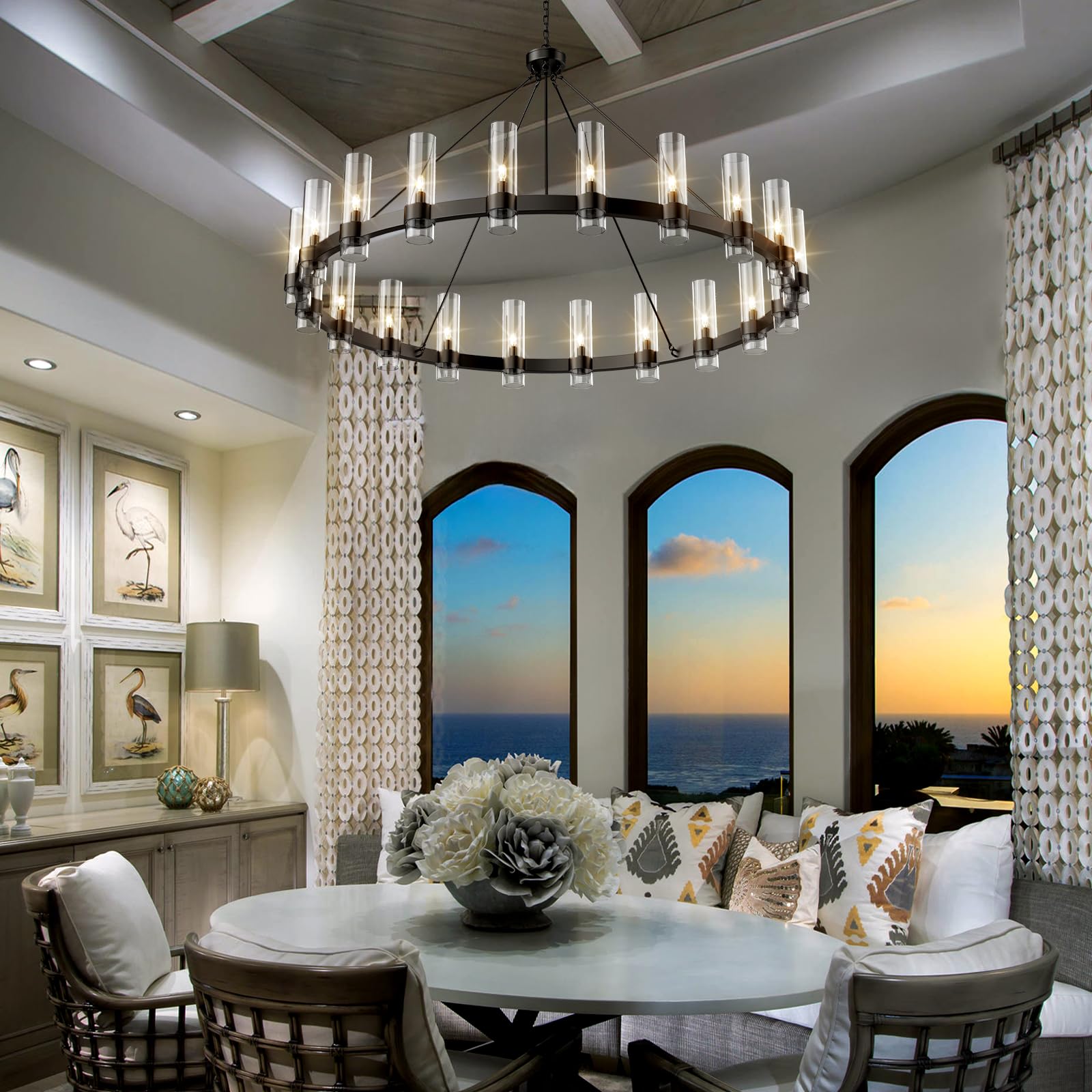 Black Chandelier, 30 Light Wagon Wheel Chandelier with Glass Shade,60 Inch Large Round Industrial High Ceilings Pendant Lighting Fixture for Dining Living Room, Kitchen Island, Foyer - Camilalamps - B0DLZSTDK2