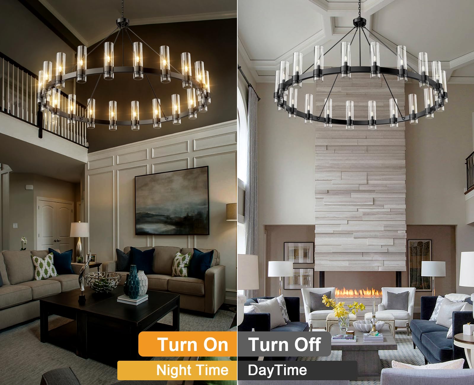 Black Chandelier, 30 Light Wagon Wheel Chandelier with Glass Shade,60 Inch Large Round Industrial High Ceilings Pendant Lighting Fixture for Dining Living Room, Kitchen Island, Foyer - Camilalamps - B0DLZSTDK2