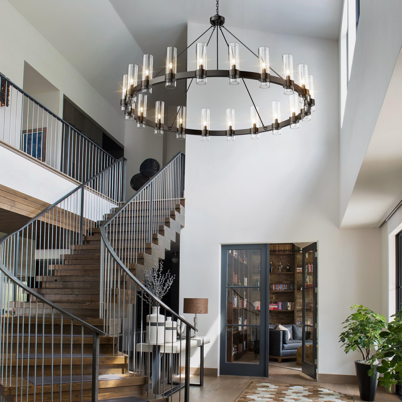 Black Chandelier, 30 Light Wagon Wheel Chandelier with Glass Shade,60 Inch Large Round Industrial High Ceilings Pendant Lighting Fixture for Dining Living Room, Kitchen Island, Foyer - Camilalamps - B0DLZSTDK2