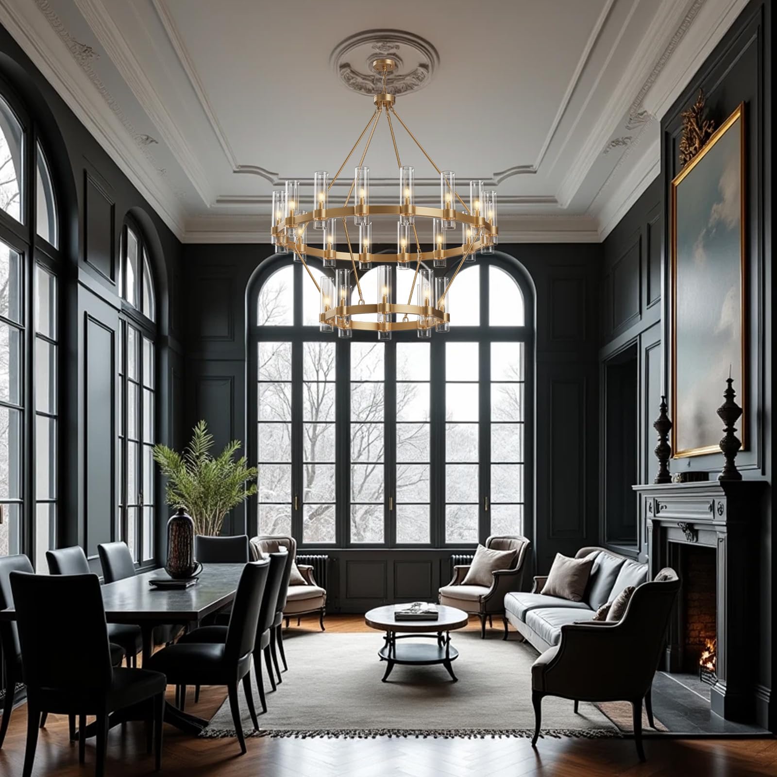 Black Chandelier, 30 Light Wagon Wheel Chandelier with Glass Shade,60 Inch Large Round Industrial High Ceilings Pendant Lighting Fixture for Dining Living Room, Kitchen Island, Foyer - Camilalamps - B0DLZSTDK2