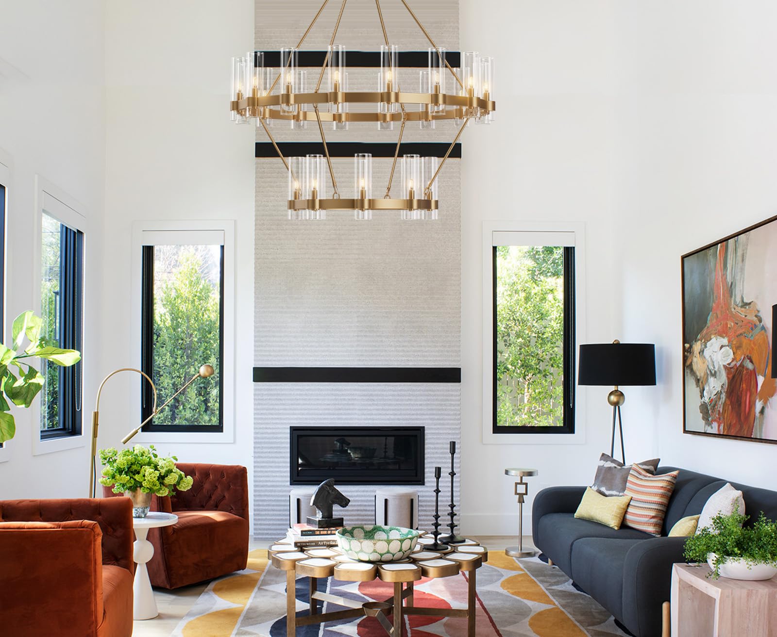 Black Chandelier, 30 Light Wagon Wheel Chandelier with Glass Shade,60 Inch Large Round Industrial High Ceilings Pendant Lighting Fixture for Dining Living Room, Kitchen Island, Foyer - Camilalamps - B0DLZSTDK2