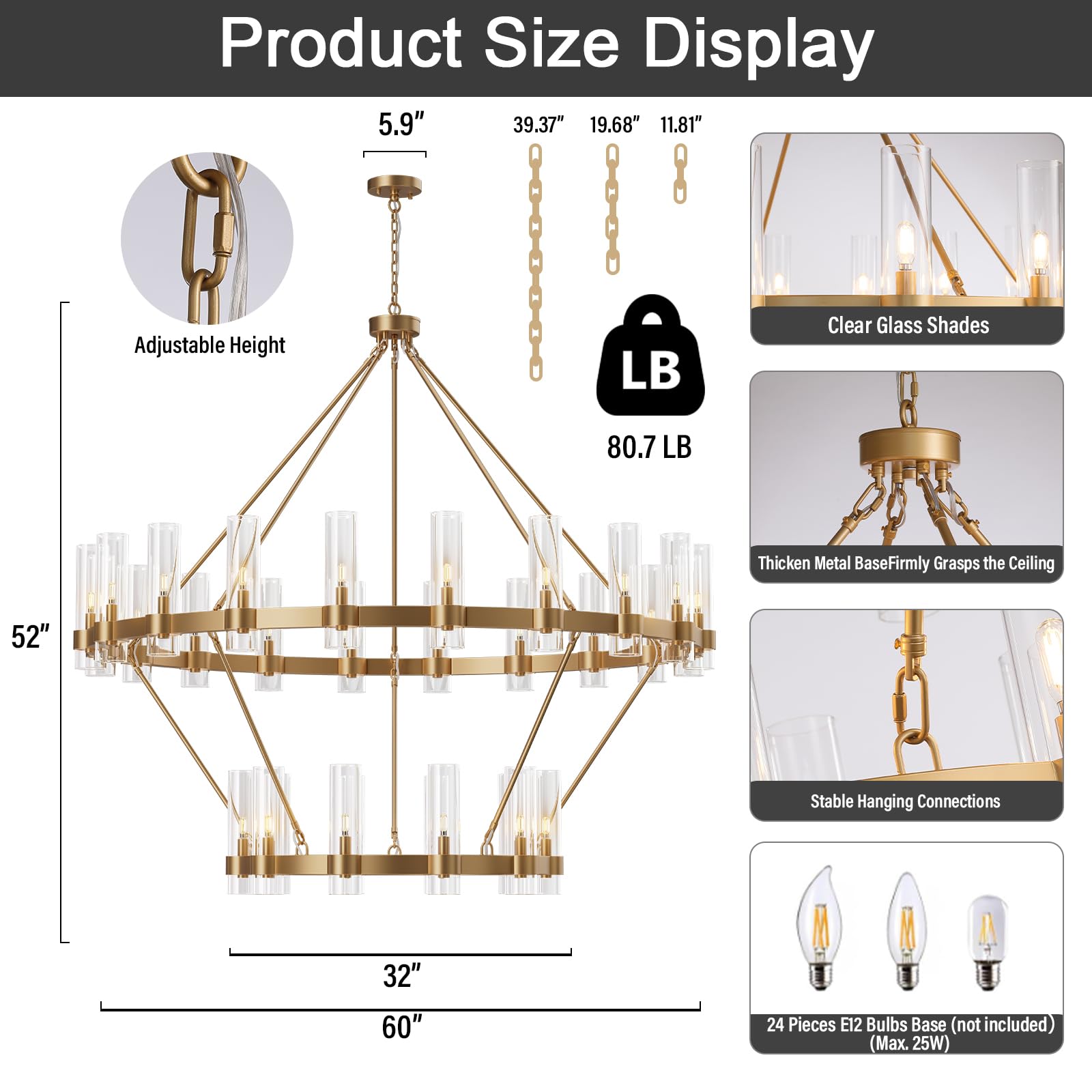 Black Chandelier, 30 Light Wagon Wheel Chandelier with Glass Shade,60 Inch Large Round Industrial High Ceilings Pendant Lighting Fixture for Dining Living Room, Kitchen Island, Foyer - Camilalamps - B0DLZSTDK2