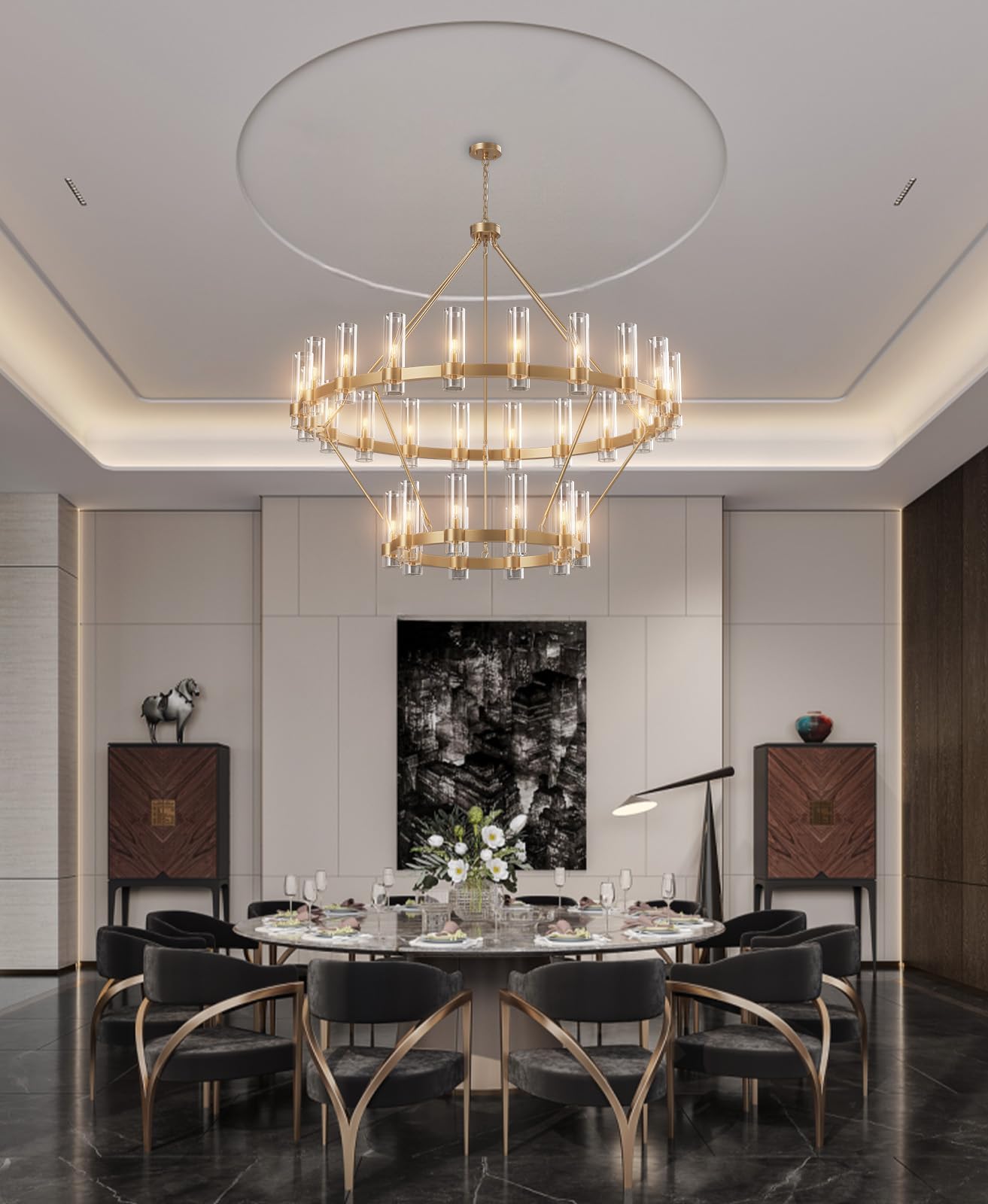 Black Chandelier, 30 Light Wagon Wheel Chandelier with Glass Shade,60 Inch Large Round Industrial High Ceilings Pendant Lighting Fixture for Dining Living Room, Kitchen Island, Foyer - Camilalamps - B0DLZSTDK2