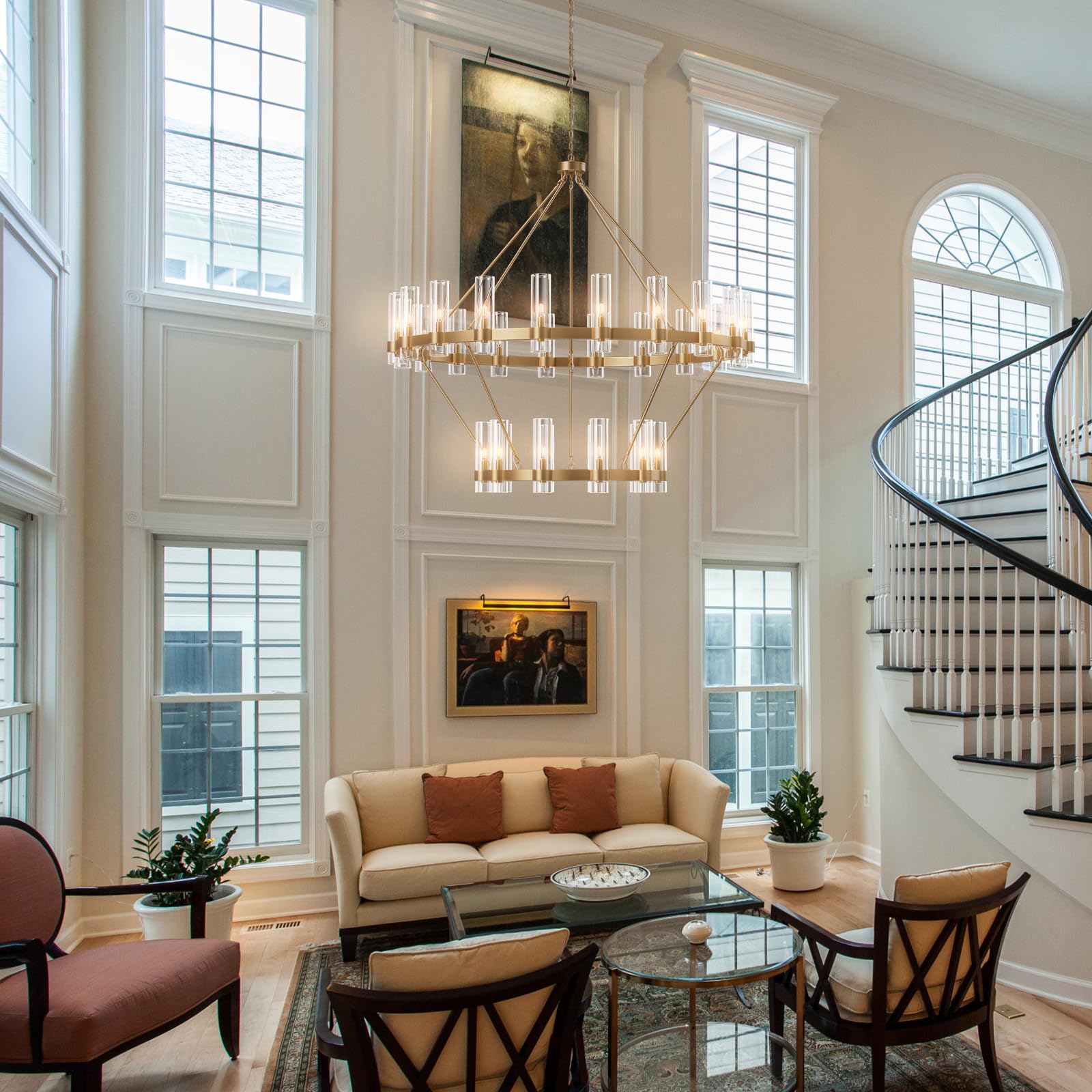 Black Chandelier, 30 Light Wagon Wheel Chandelier with Glass Shade,60 Inch Large Round Industrial High Ceilings Pendant Lighting Fixture for Dining Living Room, Kitchen Island, Foyer - Camilalamps - B0DLZSTDK2