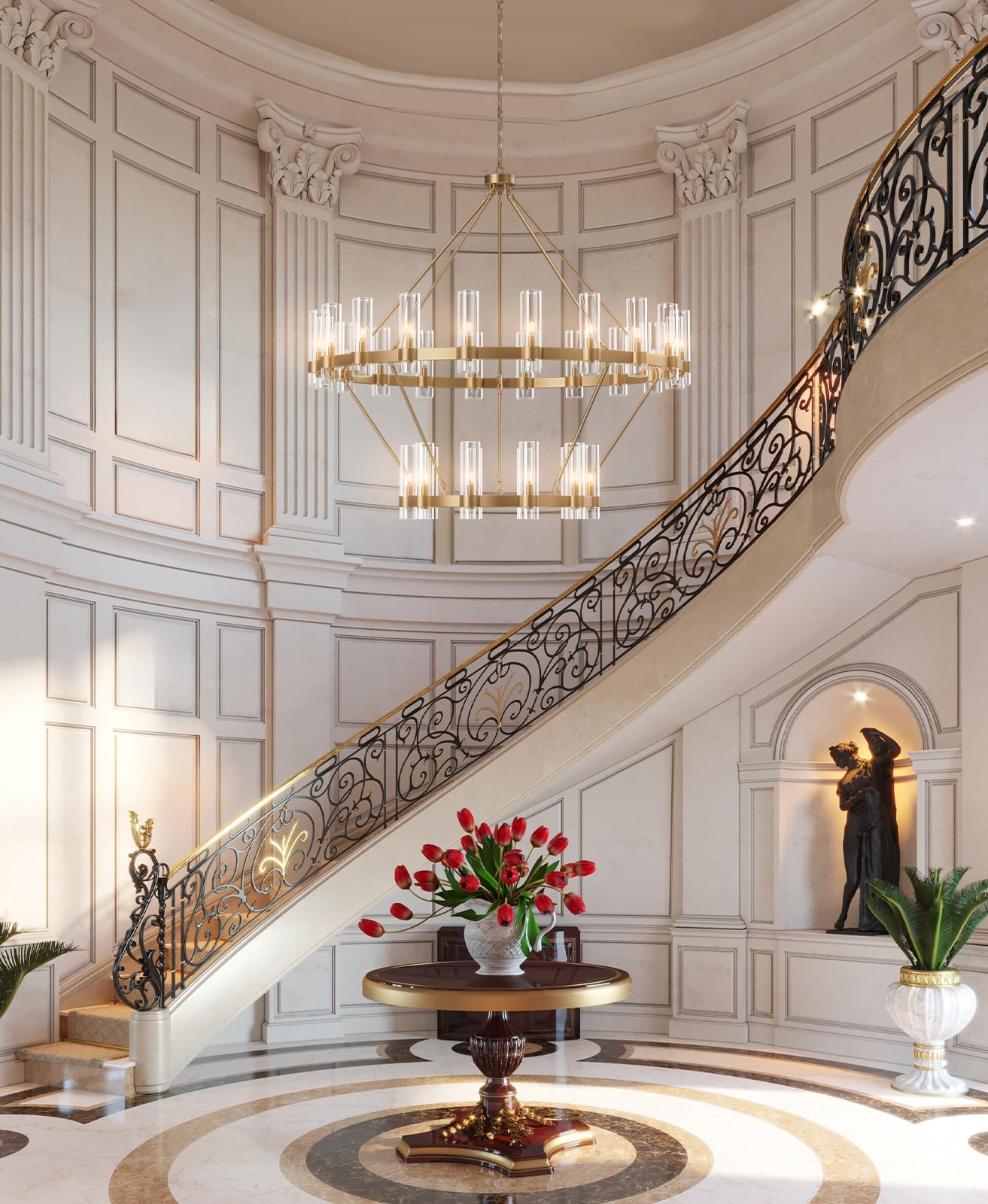 Black Chandelier, 30 Light Wagon Wheel Chandelier with Glass Shade,60 Inch Large Round Industrial High Ceilings Pendant Lighting Fixture for Dining Living Room, Kitchen Island, Foyer - Camilalamps - B0DLZSTDK2