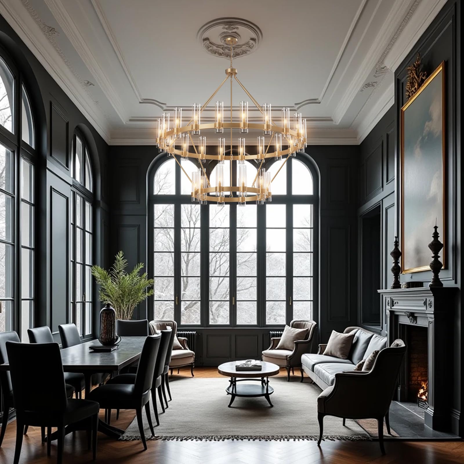 Black Chandelier, 30 Light Wagon Wheel Chandelier with Glass Shade,60 Inch Large Round Industrial High Ceilings Pendant Lighting Fixture for Dining Living Room, Kitchen Island, Foyer - Camilalamps - B0DLZSTDK2