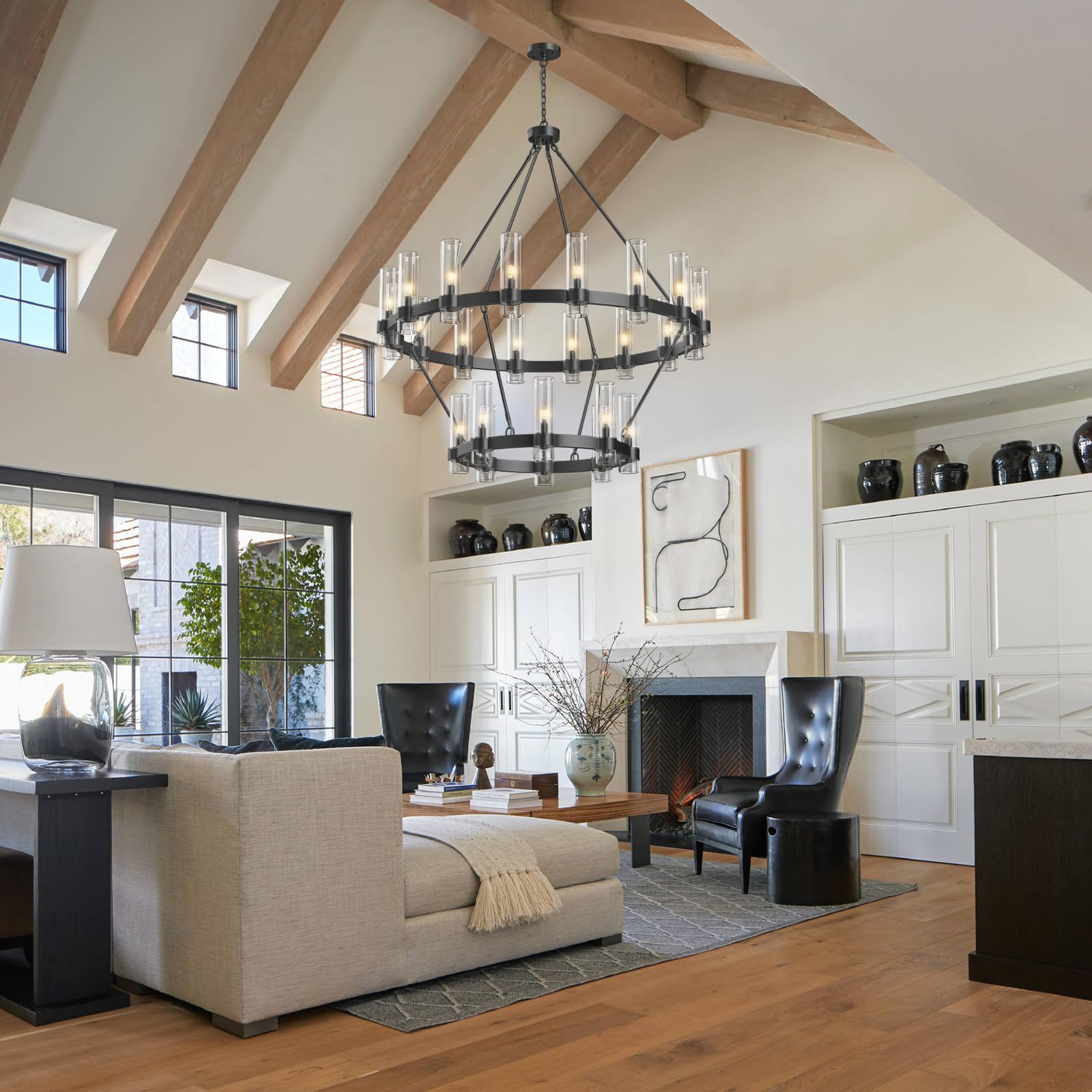 Black Chandelier, 30 Light Wagon Wheel Chandelier with Glass Shade,60 Inch Large Round Industrial High Ceilings Pendant Lighting Fixture for Dining Living Room, Kitchen Island, Foyer - Camilalamps - B0DLZSTDK2