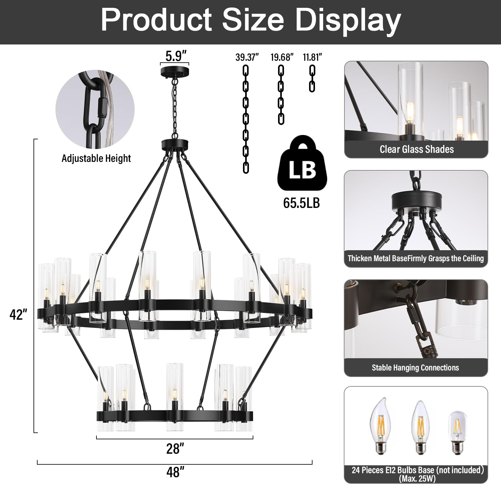 Black Chandelier, 30 Light Wagon Wheel Chandelier with Glass Shade,60 Inch Large Round Industrial High Ceilings Pendant Lighting Fixture for Dining Living Room, Kitchen Island, Foyer - Camilalamps - B0DLZSTDK2
