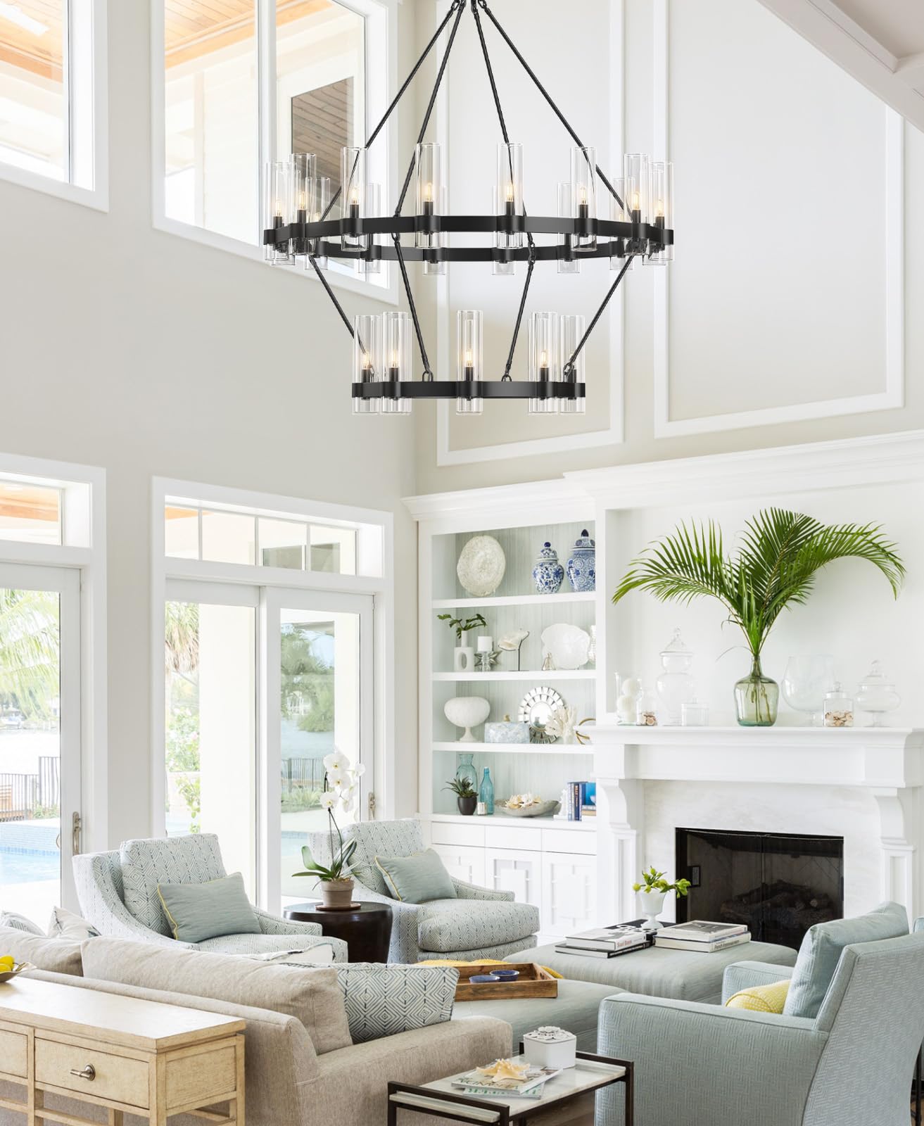 Black Chandelier, 30 Light Wagon Wheel Chandelier with Glass Shade,60 Inch Large Round Industrial High Ceilings Pendant Lighting Fixture for Dining Living Room, Kitchen Island, Foyer - Camilalamps - B0DLZSTDK2