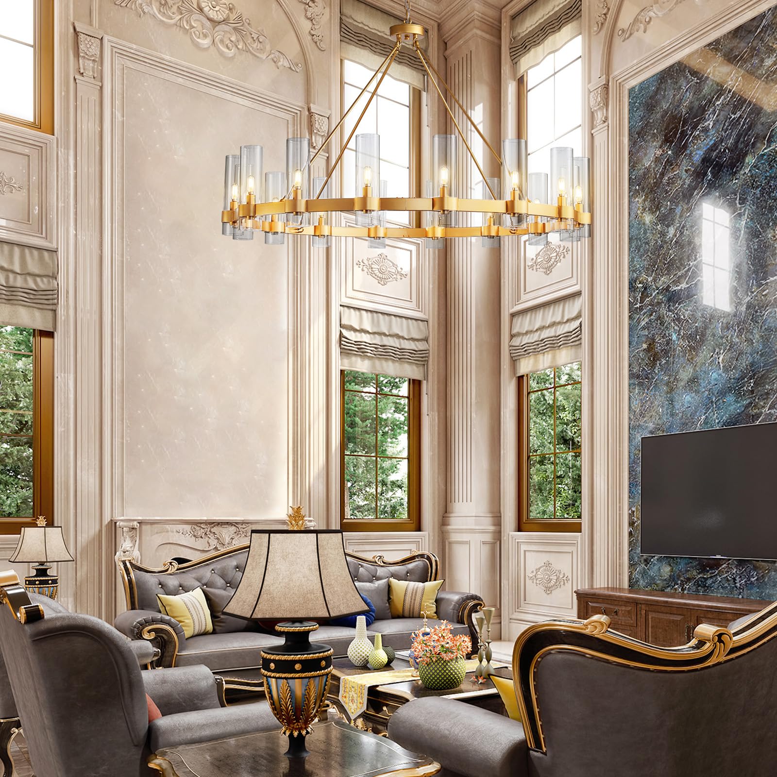 Black Chandelier, 30 Light Wagon Wheel Chandelier with Glass Shade,60 Inch Large Round Industrial High Ceilings Pendant Lighting Fixture for Dining Living Room, Kitchen Island, Foyer - Camilalamps - B0DLZSTDK2