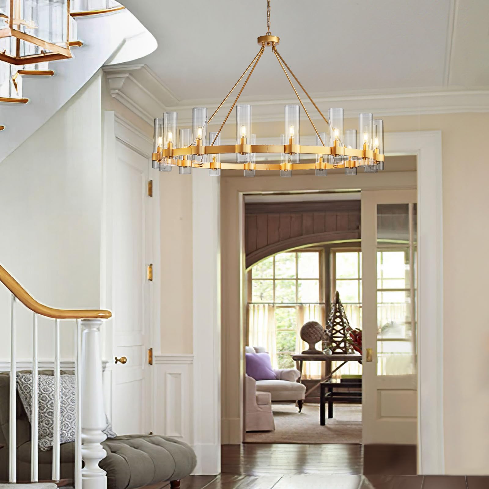 Black Chandelier, 30 Light Wagon Wheel Chandelier with Glass Shade,60 Inch Large Round Industrial High Ceilings Pendant Lighting Fixture for Dining Living Room, Kitchen Island, Foyer - Camilalamps - B0DLZSTDK2