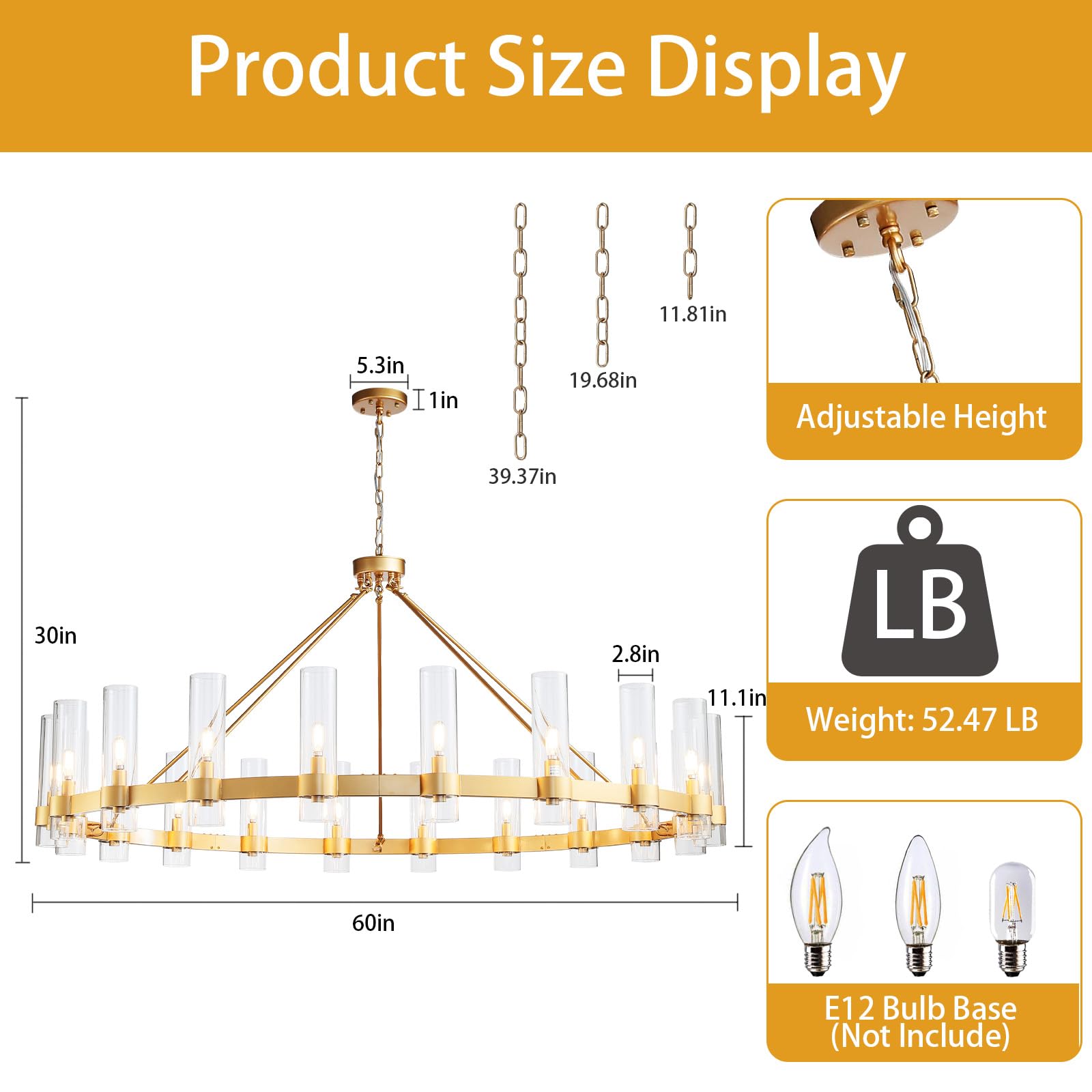 Black Chandelier, 30 Light Wagon Wheel Chandelier with Glass Shade,60 Inch Large Round Industrial High Ceilings Pendant Lighting Fixture for Dining Living Room, Kitchen Island, Foyer - Camilalamps - B0DLZSTDK2