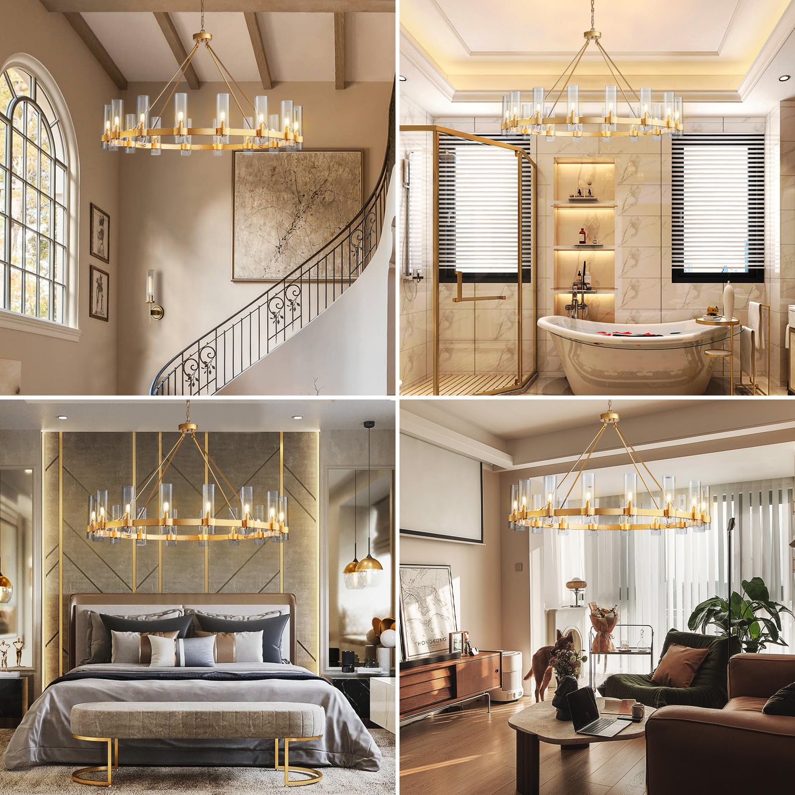 Black Chandelier, 30 Light Wagon Wheel Chandelier with Glass Shade,60 Inch Large Round Industrial High Ceilings Pendant Lighting Fixture for Dining Living Room, Kitchen Island, Foyer - Camilalamps - B0DLZSTDK2