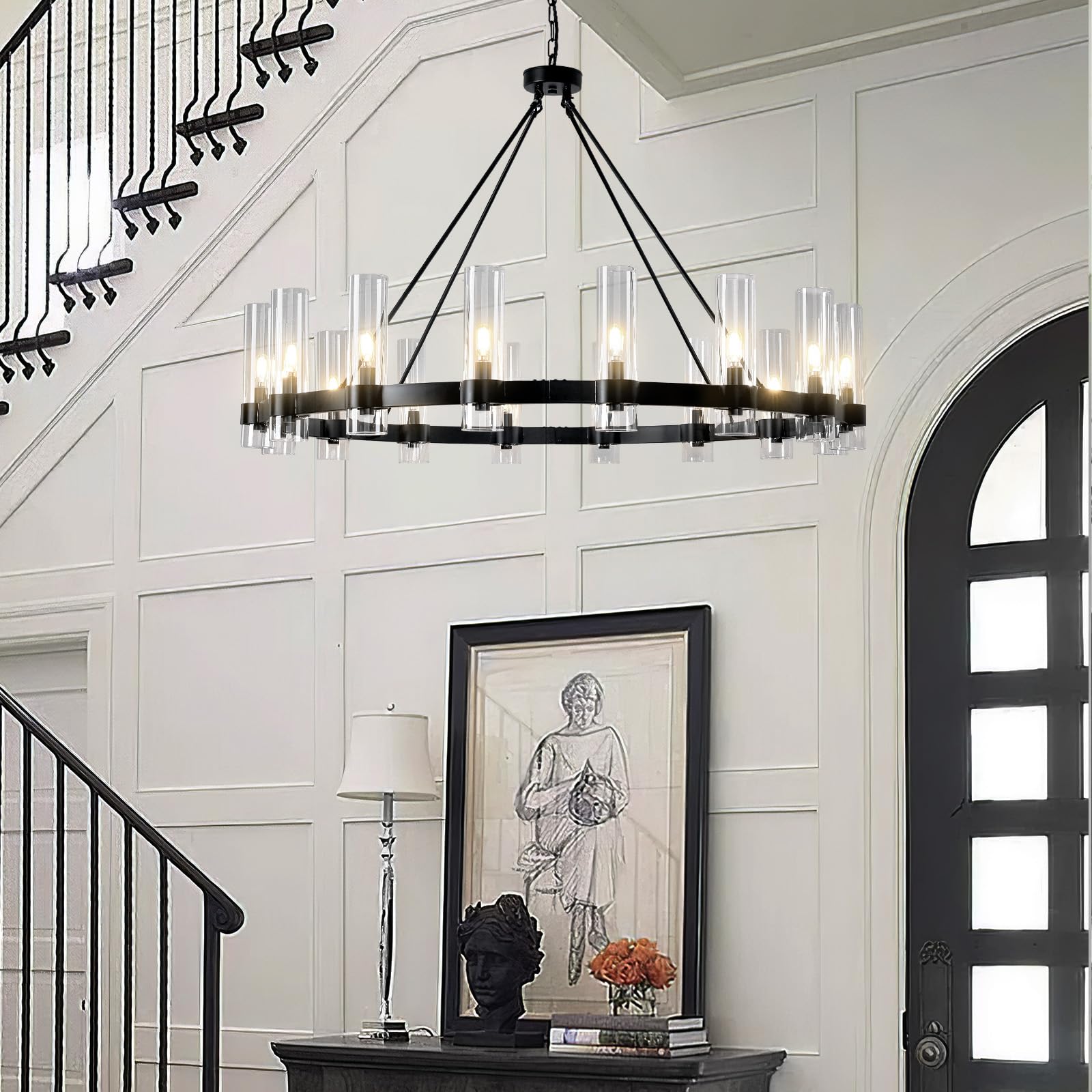 Black Chandelier, 30 Light Wagon Wheel Chandelier with Glass Shade,60 Inch Large Round Industrial High Ceilings Pendant Lighting Fixture for Dining Living Room, Kitchen Island, Foyer - Camilalamps - B0DLZSTDK2