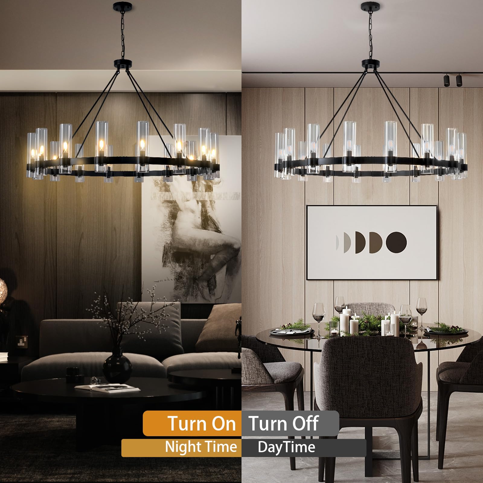 Black Chandelier, 30 Light Wagon Wheel Chandelier with Glass Shade,60 Inch Large Round Industrial High Ceilings Pendant Lighting Fixture for Dining Living Room, Kitchen Island, Foyer - Camilalamps - B0DLZSTDK2