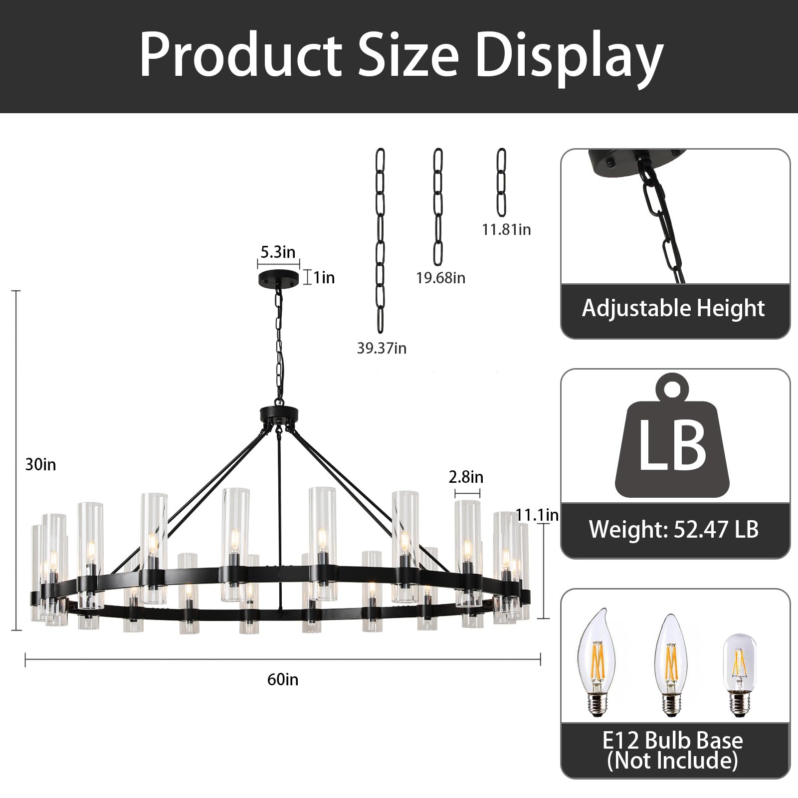 Black Chandelier, 30 Light Wagon Wheel Chandelier with Glass Shade,60 Inch Large Round Industrial High Ceilings Pendant Lighting Fixture for Dining Living Room, Kitchen Island, Foyer - Camilalamps - B0DLZSTDK2