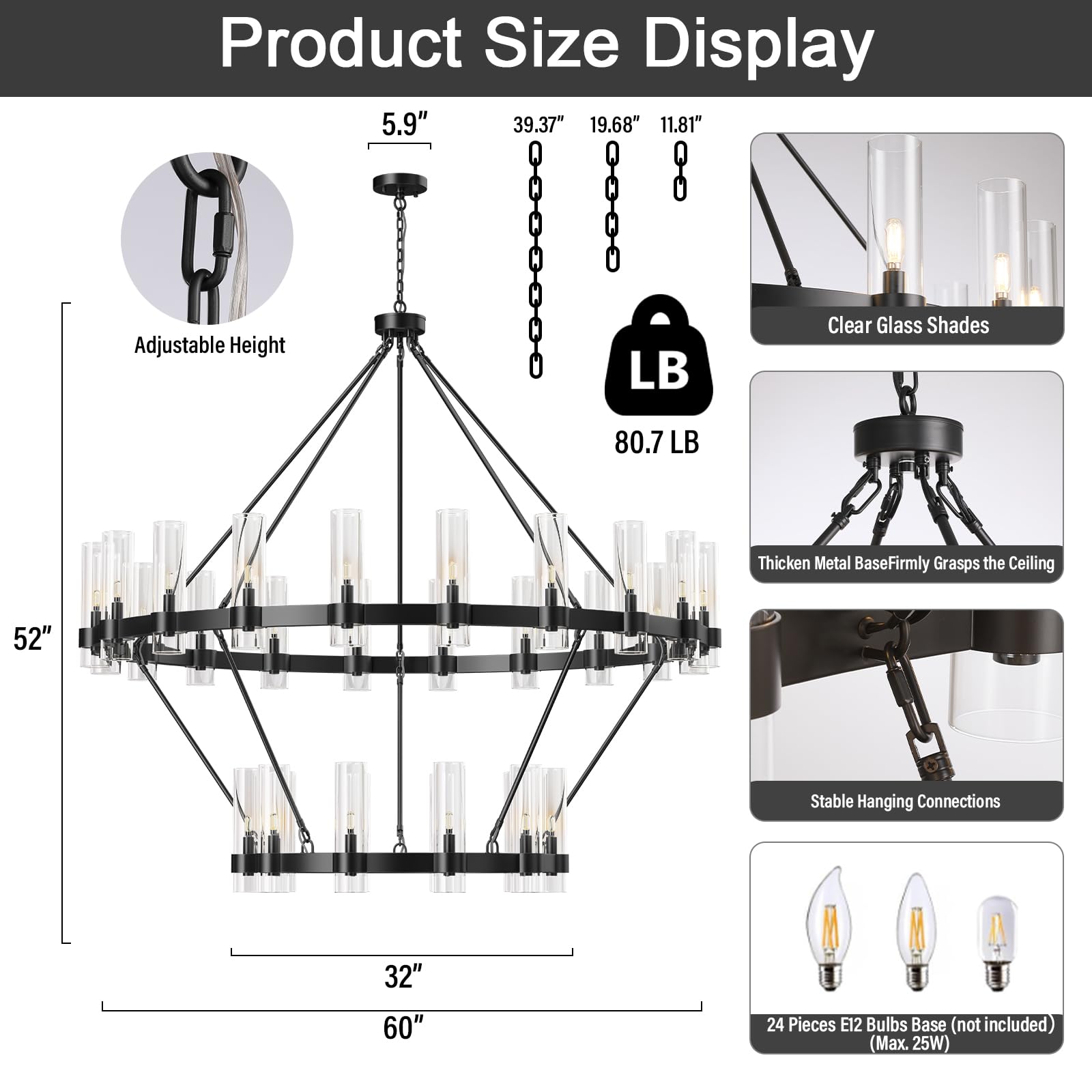 Black Chandelier, 30 Light Wagon Wheel Chandelier with Glass Shade,60 Inch Large Round Industrial High Ceilings Pendant Lighting Fixture for Dining Living Room, Kitchen Island, Foyer - Camilalamps - B0DLZSTDK2