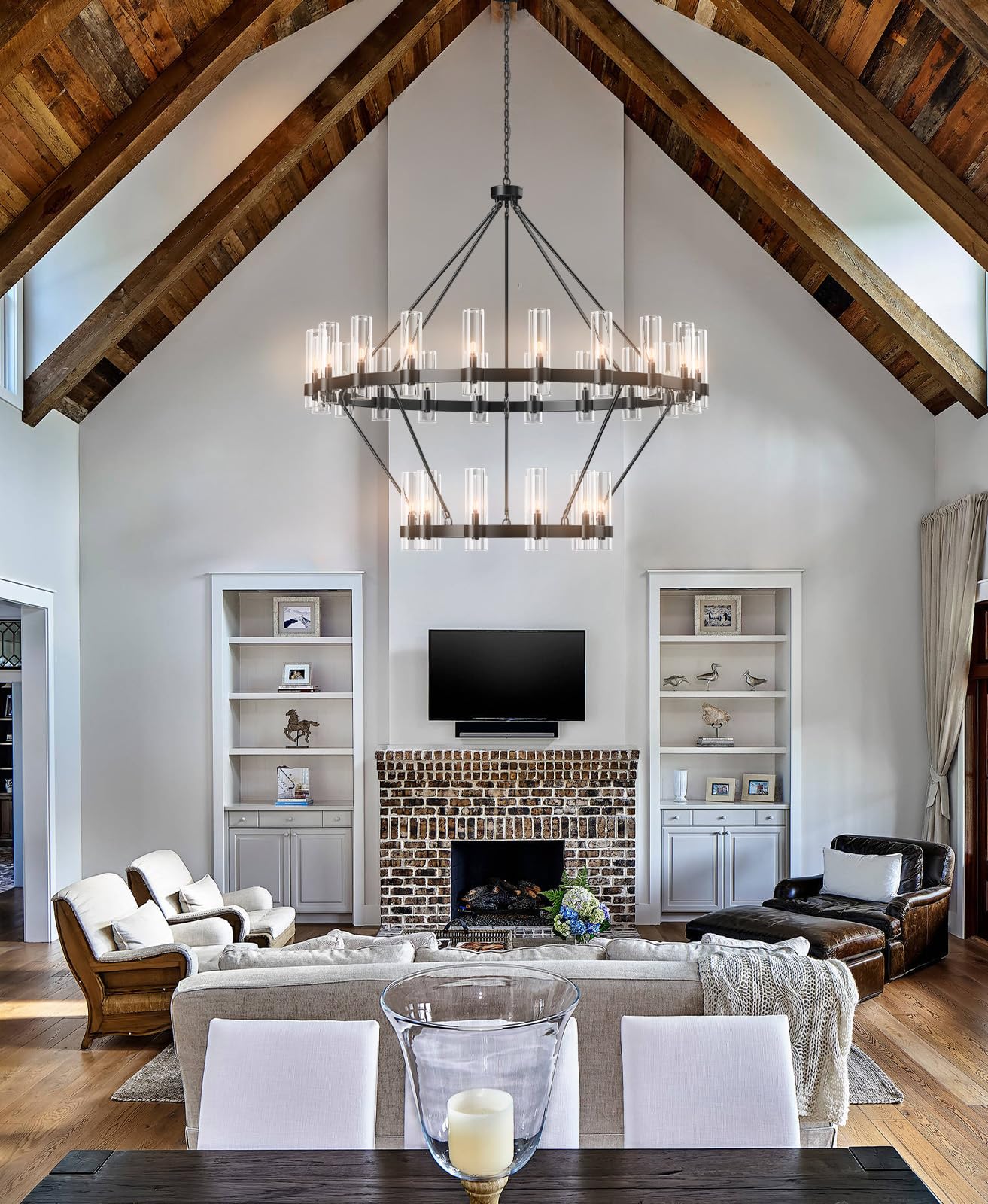 Black Chandelier, 30 Light Wagon Wheel Chandelier with Glass Shade,60 Inch Large Round Industrial High Ceilings Pendant Lighting Fixture for Dining Living Room, Kitchen Island, Foyer - Camilalamps - B0DLZSTDK2