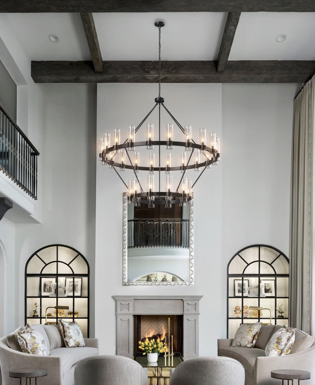 Black Chandelier, 30 Light Wagon Wheel Chandelier with Glass Shade,60 Inch Large Round Industrial High Ceilings Pendant Lighting Fixture for Dining Living Room, Kitchen Island, Foyer - Camilalamps - B0DLZSTDK2