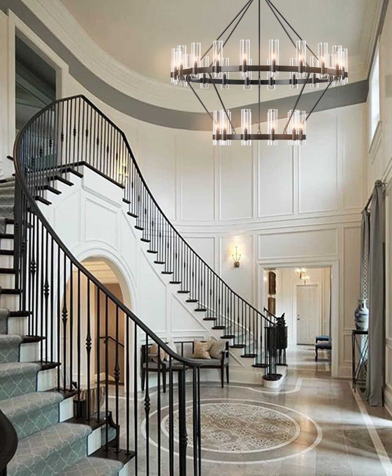 Black Chandelier, 30 Light Wagon Wheel Chandelier with Glass Shade,60 Inch Large Round Industrial High Ceilings Pendant Lighting Fixture for Dining Living Room, Kitchen Island, Foyer - Camilalamps - B0DLZSTDK2