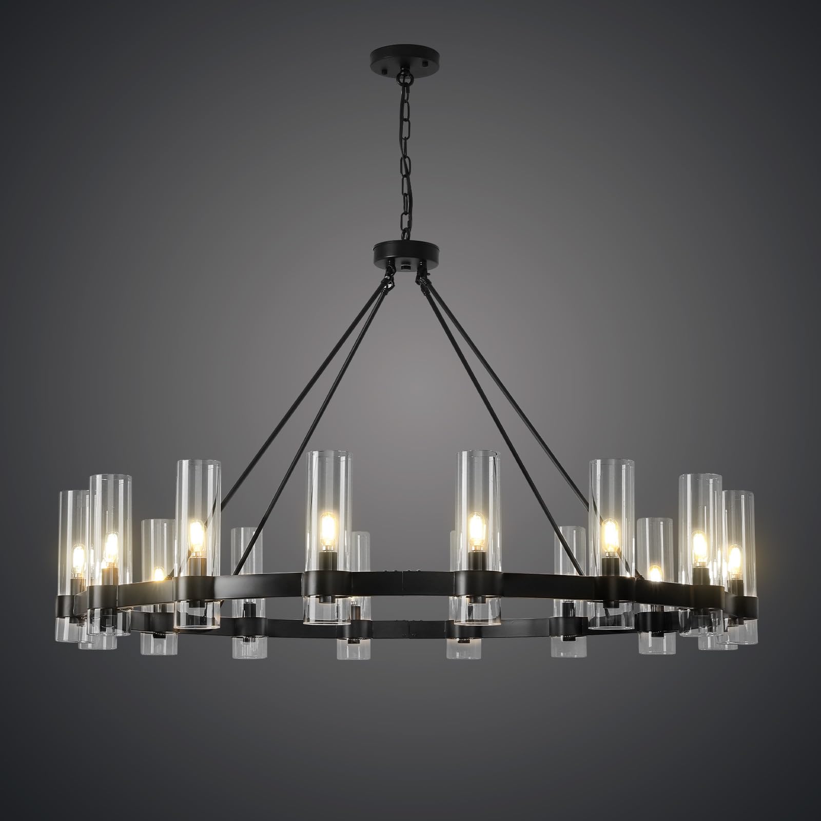 Black Chandelier, 30 Light Wagon Wheel Chandelier with Glass Shade,60 Inch Large Round Industrial High Ceilings Pendant Lighting Fixture for Dining Living Room, Kitchen Island, Foyer - Camilalamps - B0D2633J57