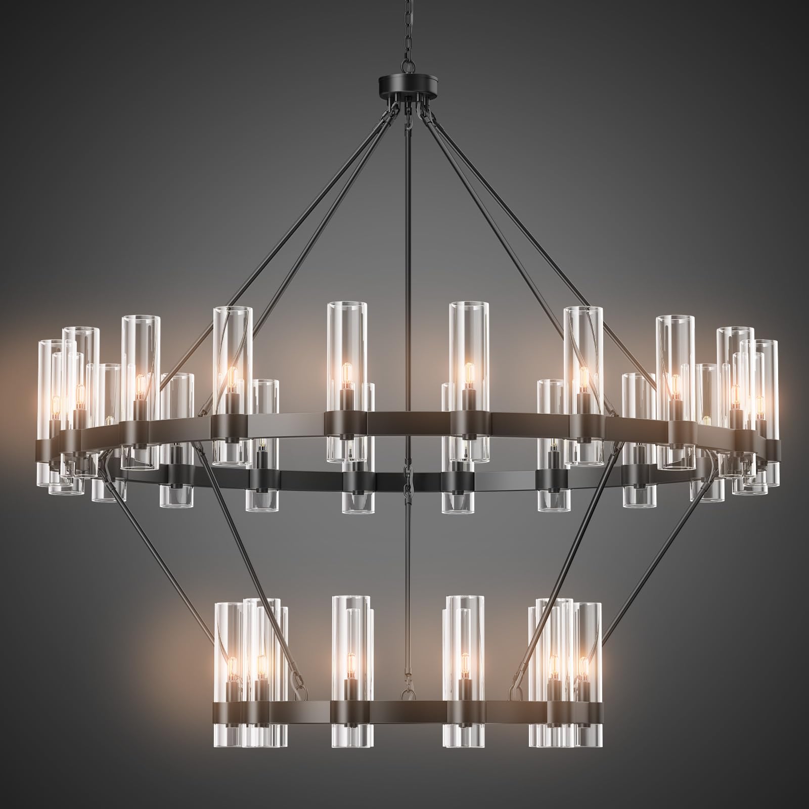 Black Chandelier, 30 Light Wagon Wheel Chandelier with Glass Shade,60 Inch Large Round Industrial High Ceilings Pendant Lighting Fixture for Dining Living Room, Kitchen Island, Foyer - Camilalamps - B0DLZSTDK2