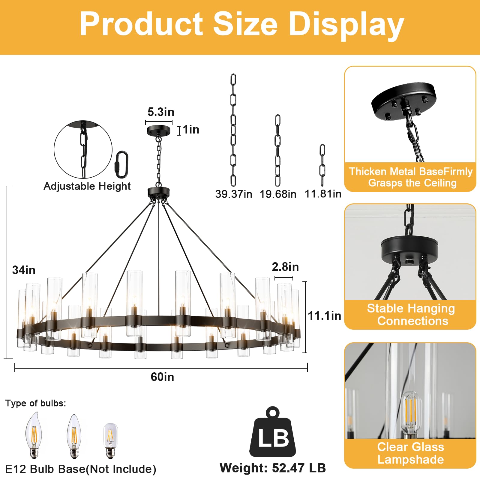 Black Chandelier, 30 Light Wagon Wheel Chandelier with Glass Shade,60 Inch Large Round Industrial High Ceilings Pendant Lighting Fixture for Dining Living Room, Kitchen Island, Foyer - Camilalamps - B0DLZSTDK2