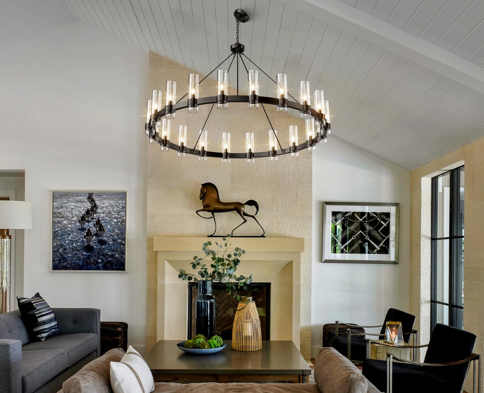 Black Chandelier, 30 Light Wagon Wheel Chandelier with Glass Shade,60 Inch Large Round Industrial High Ceilings Pendant Lighting Fixture for Dining Living Room, Kitchen Island, Foyer - Camilalamps - B0DLZSTDK2