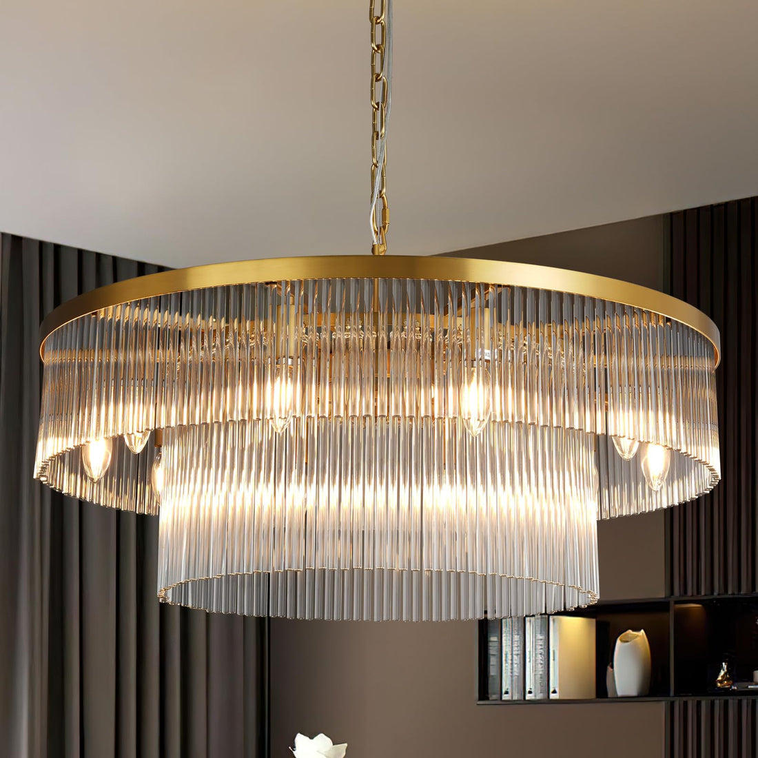 Black Chandelier, 31.5" Modern 2 - Tier Glass Striped Chandeliers for Dining Room, Large Round Chandelier for Living Room Foyer Entryway Ceiling Hanging Pendant Light Fixture - Camilalamps - B0FJX84254