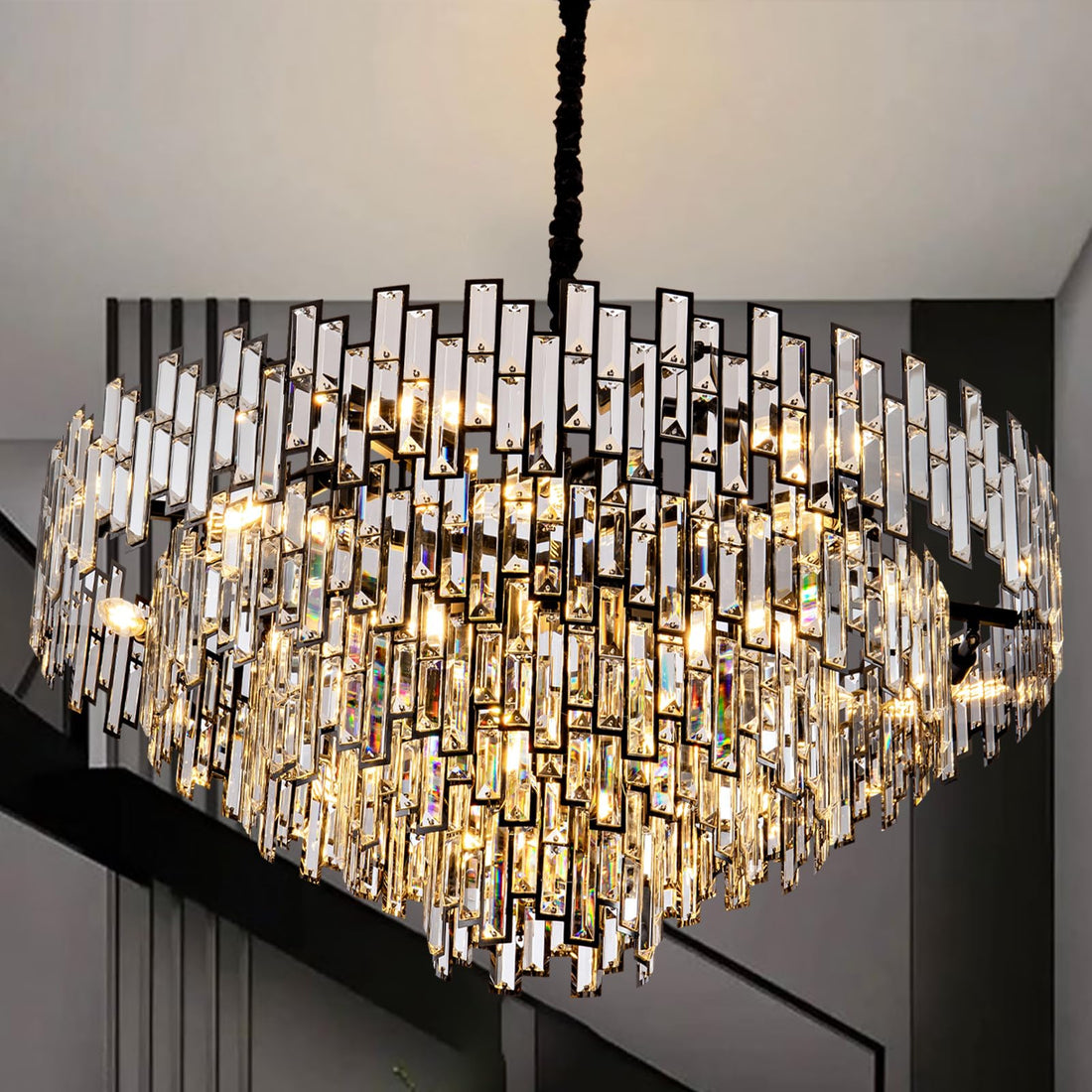 Black Crystal Chandelier, 3 - Tier Modern Round Chandelier for Dining Room, Luxury K9 Crystal Ceiling Pendant Light Fixture for Entryway Foyer Stairway Hall Dining Living Room 24.4'' - Camilalamps - B0DMFCBNZP