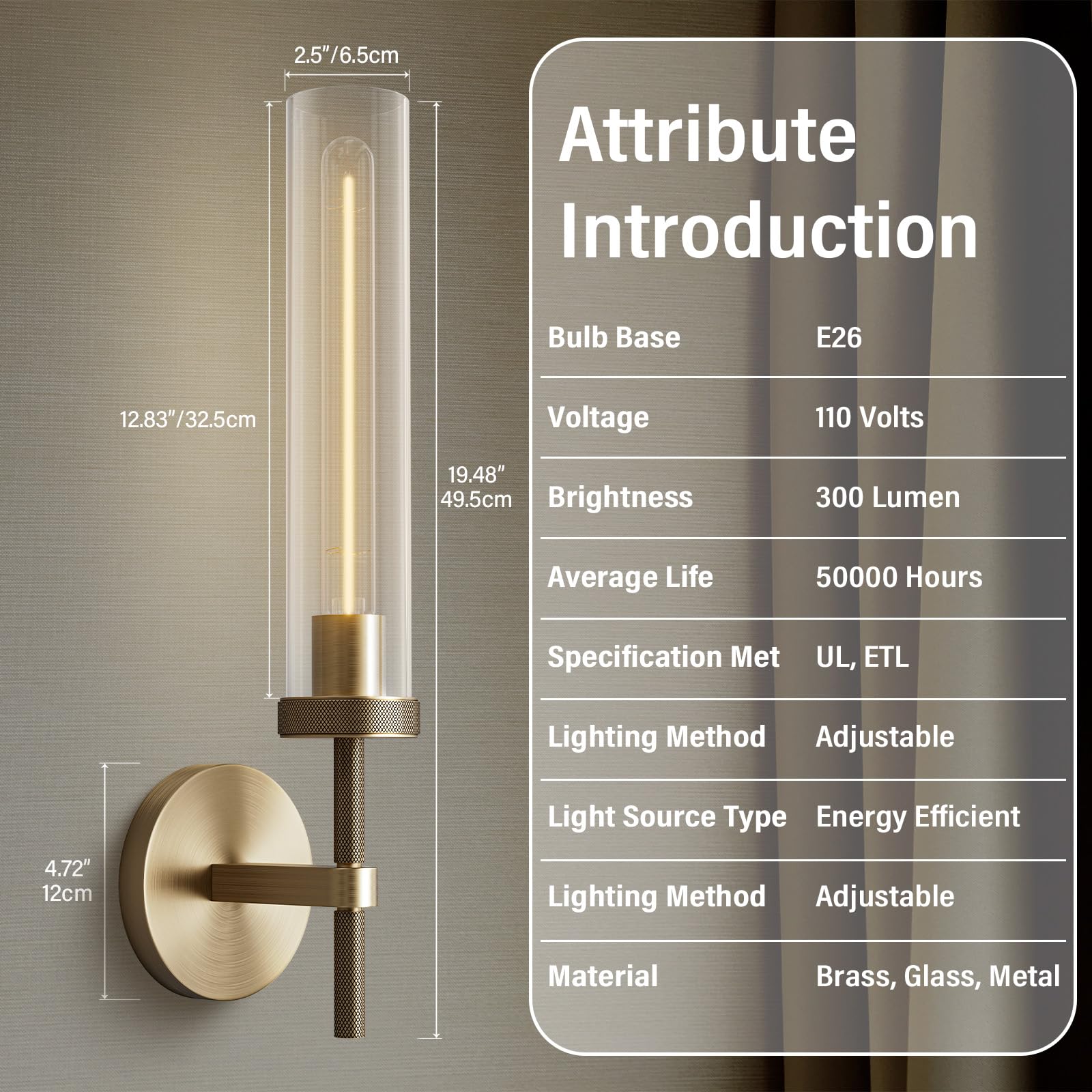 Brass Wall Sconces, 30in Gold 2 - Light Double Glass Sconces Wall Lighting, Bathroom Knurled Vanity Light Sconces, Wall Lights for Living Room Bedroom（Including Bulb） - Camilalamps - B0CMQ44FJK