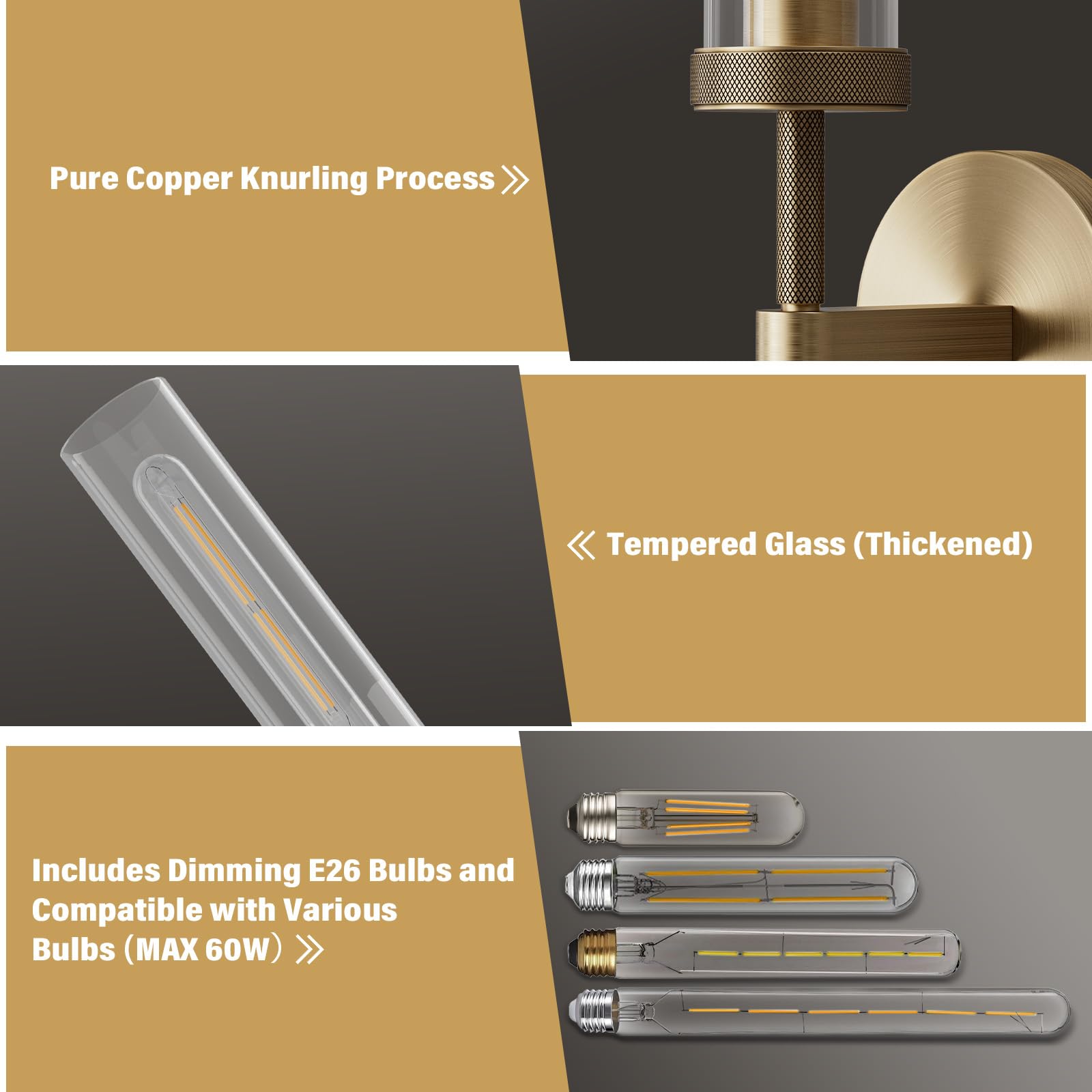 Brass Wall Sconces, 30in Gold 2 - Light Double Glass Sconces Wall Lighting, Bathroom Knurled Vanity Light Sconces, Wall Lights for Living Room Bedroom（Including Bulb） - Camilalamps - B0CMQ44FJK