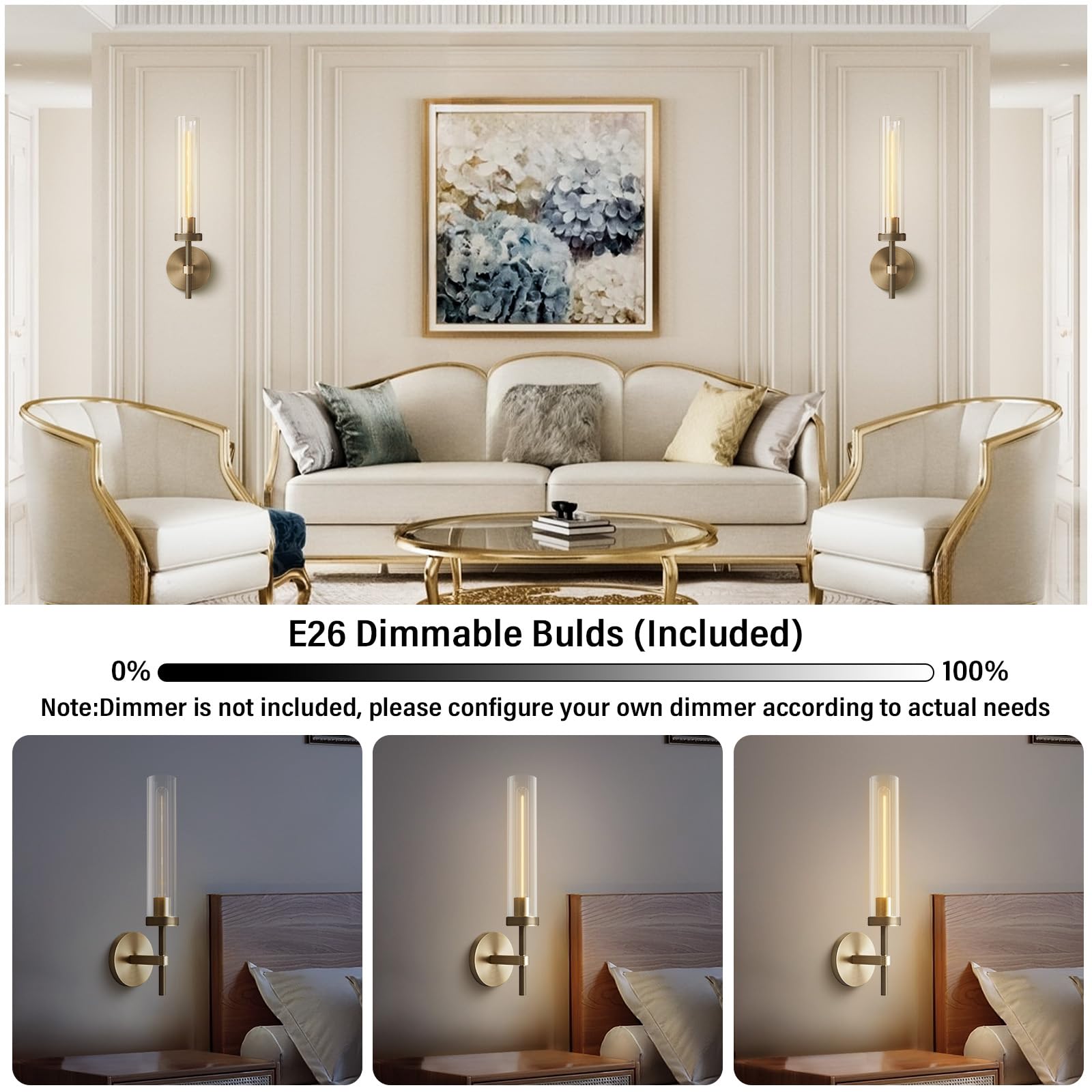 Brass Wall Sconces, 30in Gold 2 - Light Double Glass Sconces Wall Lighting, Bathroom Knurled Vanity Light Sconces, Wall Lights for Living Room Bedroom（Including Bulb） - Camilalamps - B0CMQ44FJK