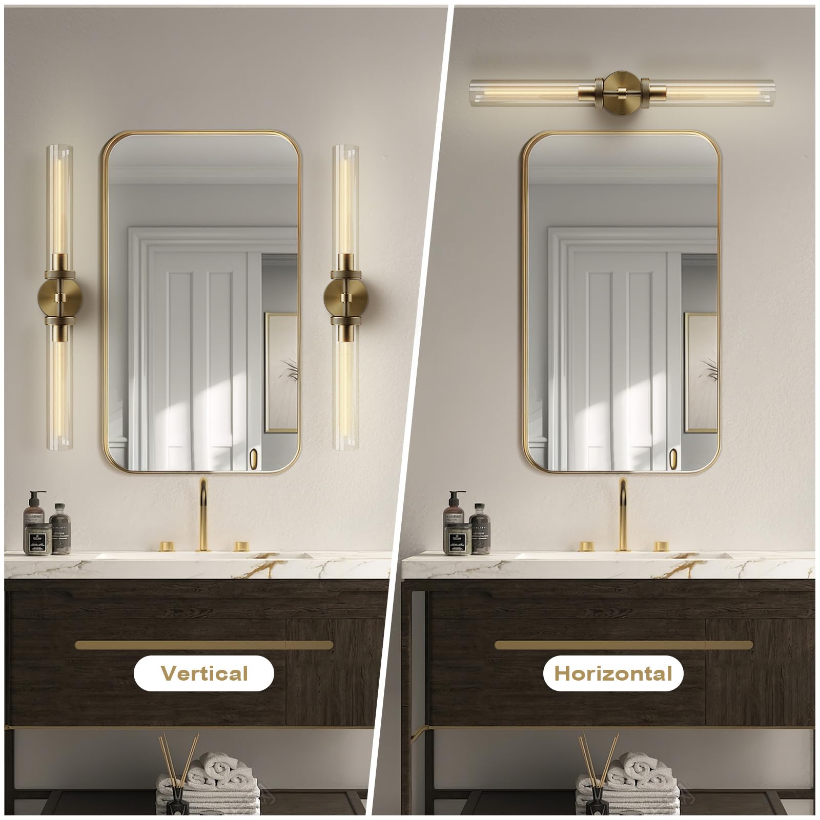 Brass Wall Sconces, 30in Gold 2 - Light Double Glass Sconces Wall Lighting, Bathroom Knurled Vanity Light Sconces, Wall Lights for Living Room Bedroom（Including Bulb） - Camilalamps - B0CMQ44FJK