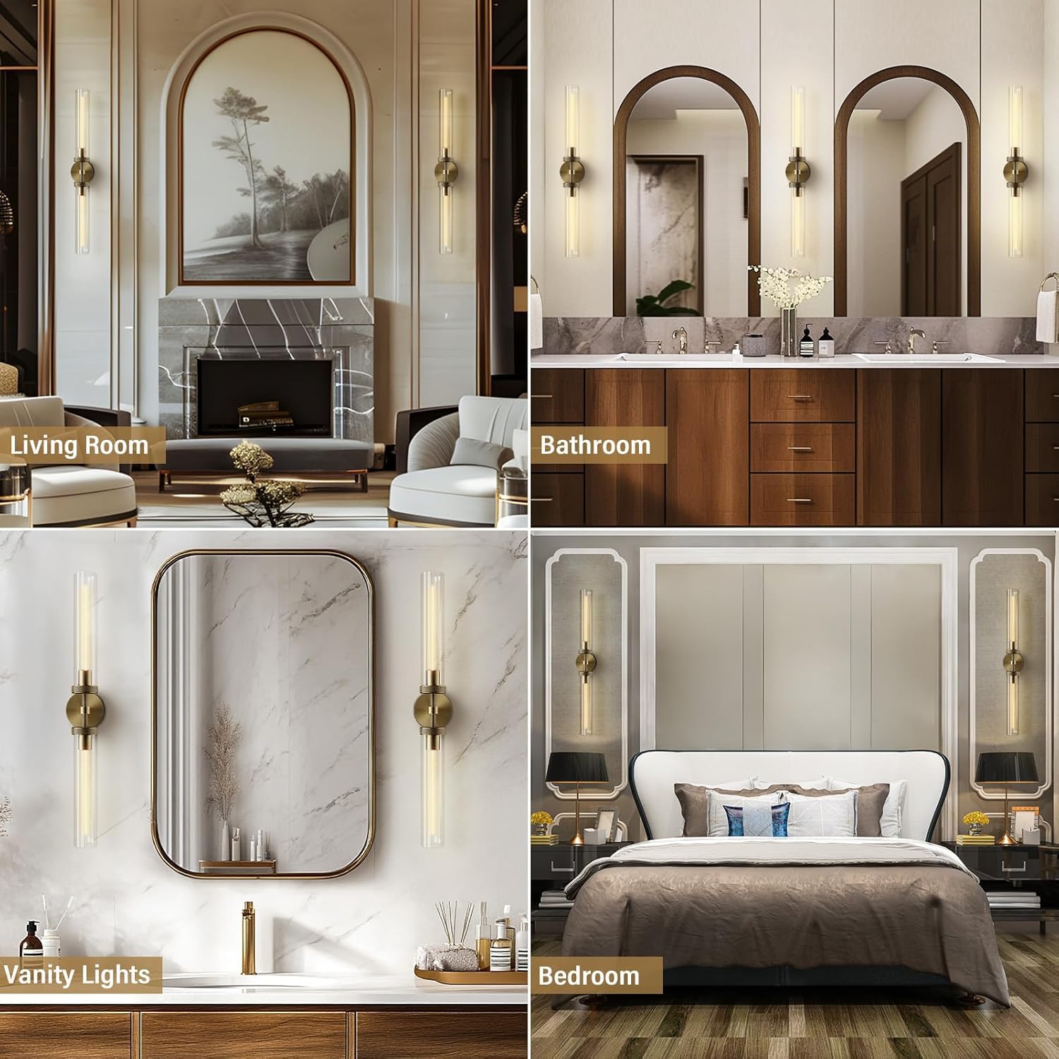 Brass Wall Sconces, 30in Gold 2 - Light Double Glass Sconces Wall Lighting, Bathroom Knurled Vanity Light Sconces, Wall Lights for Living Room Bedroom（Including Bulb） - Camilalamps - B0CMQ44FJK