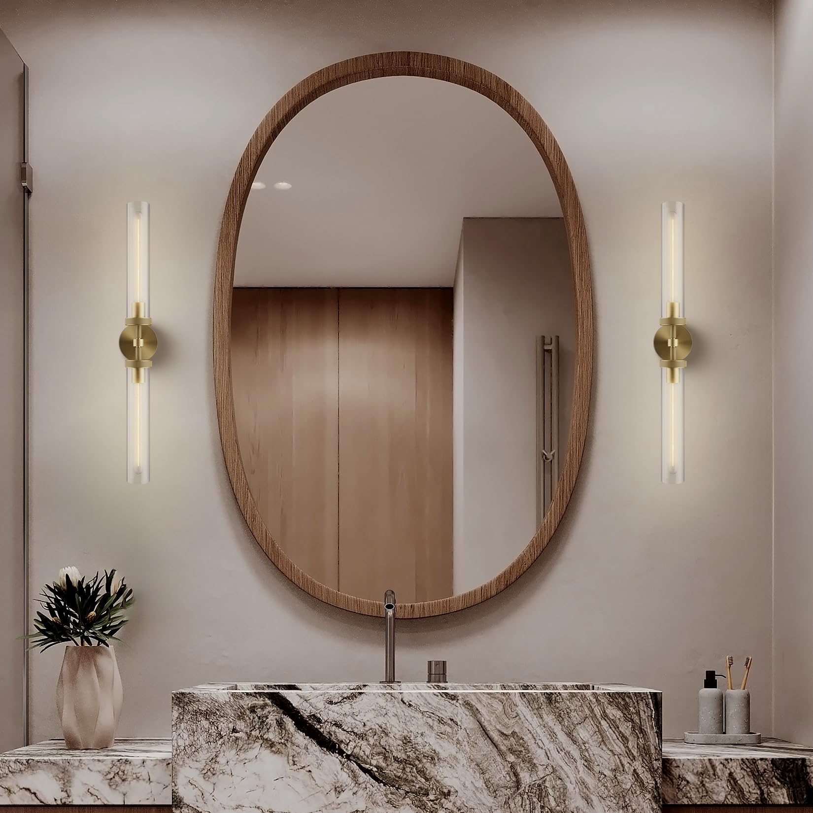 Brass Wall Sconces, 30in Gold 2 - Light Double Glass Sconces Wall Lighting, Bathroom Knurled Vanity Light Sconces, Wall Lights for Living Room Bedroom（Including Bulb） - Camilalamps - B0CMQ44FJK
