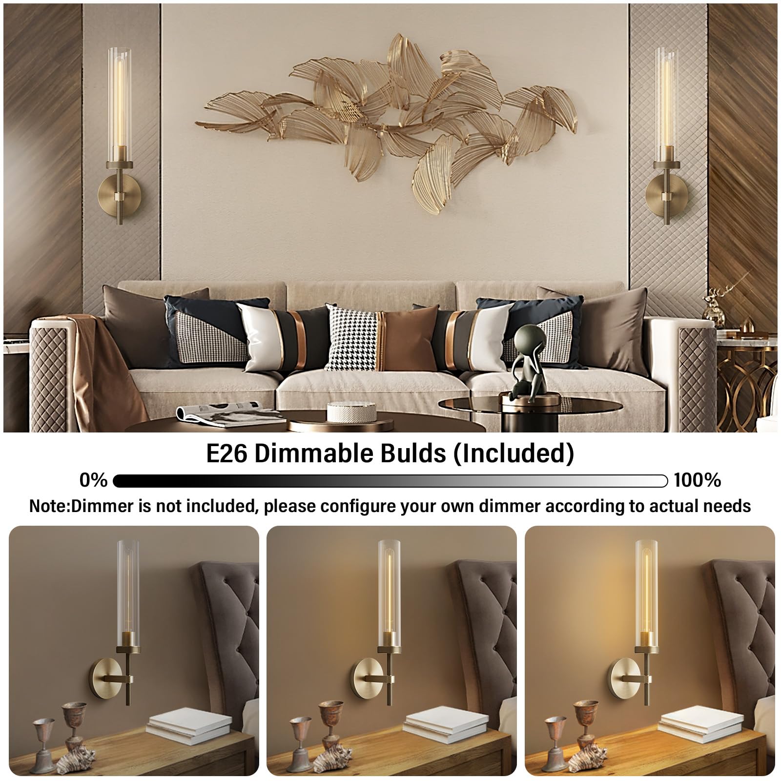 Brass Wall Sconces Set of 2, Double Lights 30" Knurled Texture Indoor Wall Light Fixtures, Bathroom Vanity Light Fixtures with Clear Glass, Modern Wall Lamp for Living Room Hallway(Bulb Included) - Camilalamps - B0CNGSBBJ3